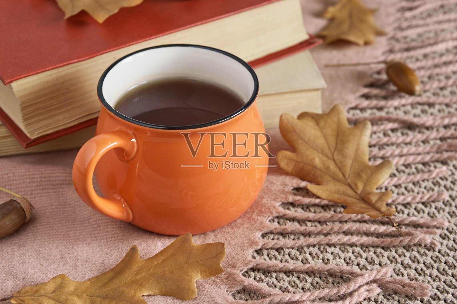 橙色茶杯、书籍和秋天的落叶毯子。温馨的氛围照片摄影图片