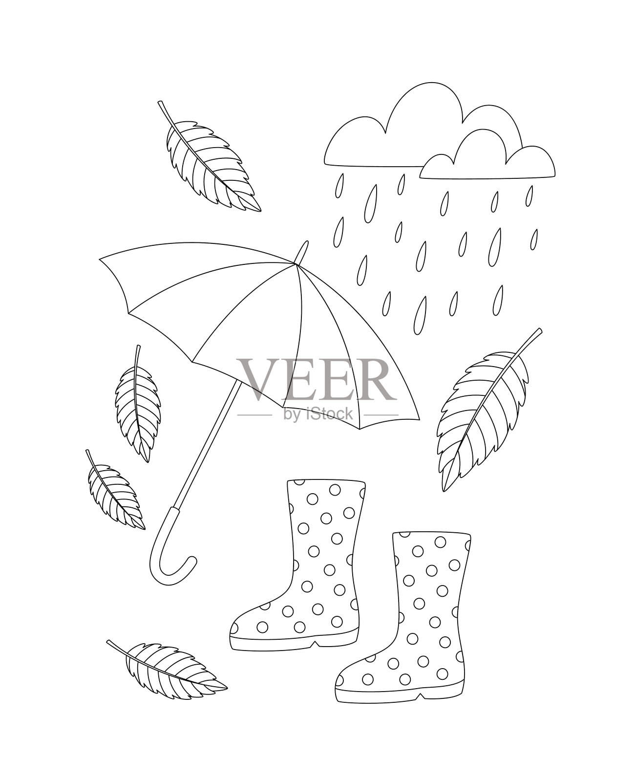 秋季雨天涂色页，包含雨伞、橡胶靴、飘落的树叶和雨云。黑白轮廓矢量插图。儿童涂色书。插画图片素材