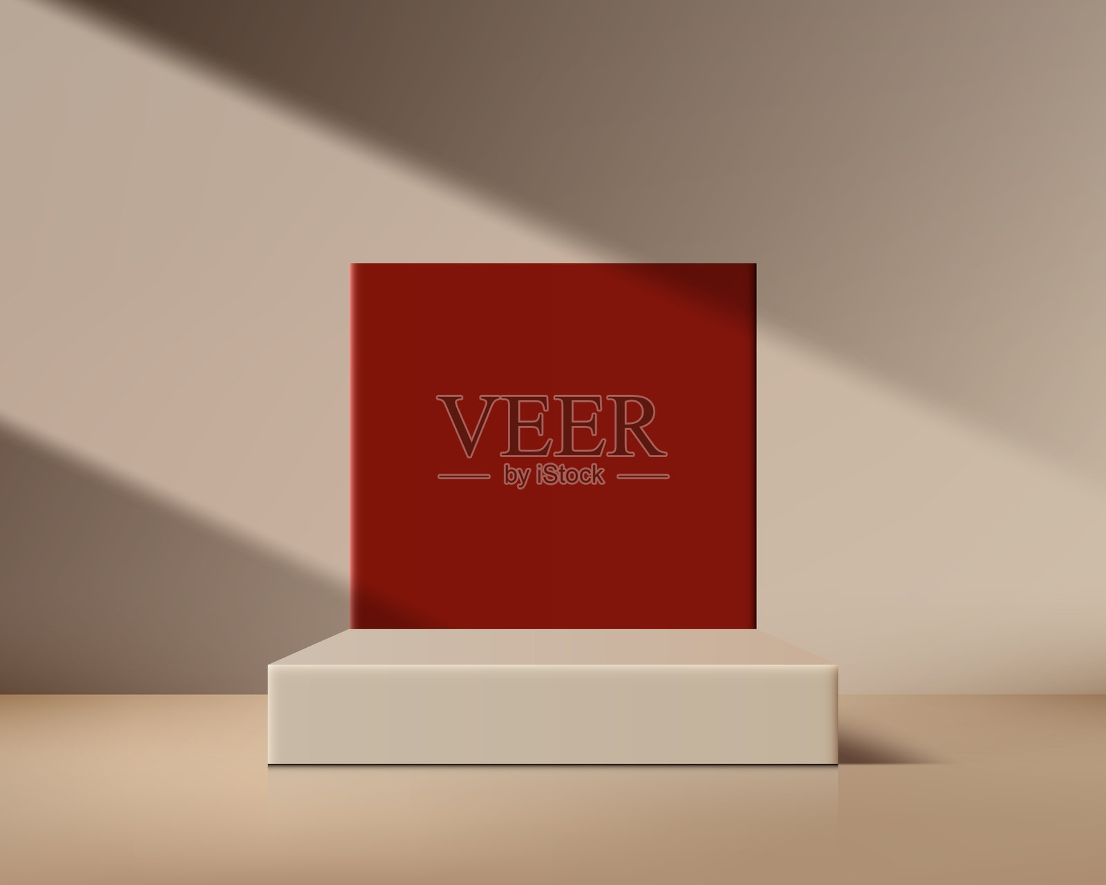 极简产品展示的模型模板，红色矩形物体放置在米色底座上，背景中性，适用于品牌包装和广告展示。插画图片素材