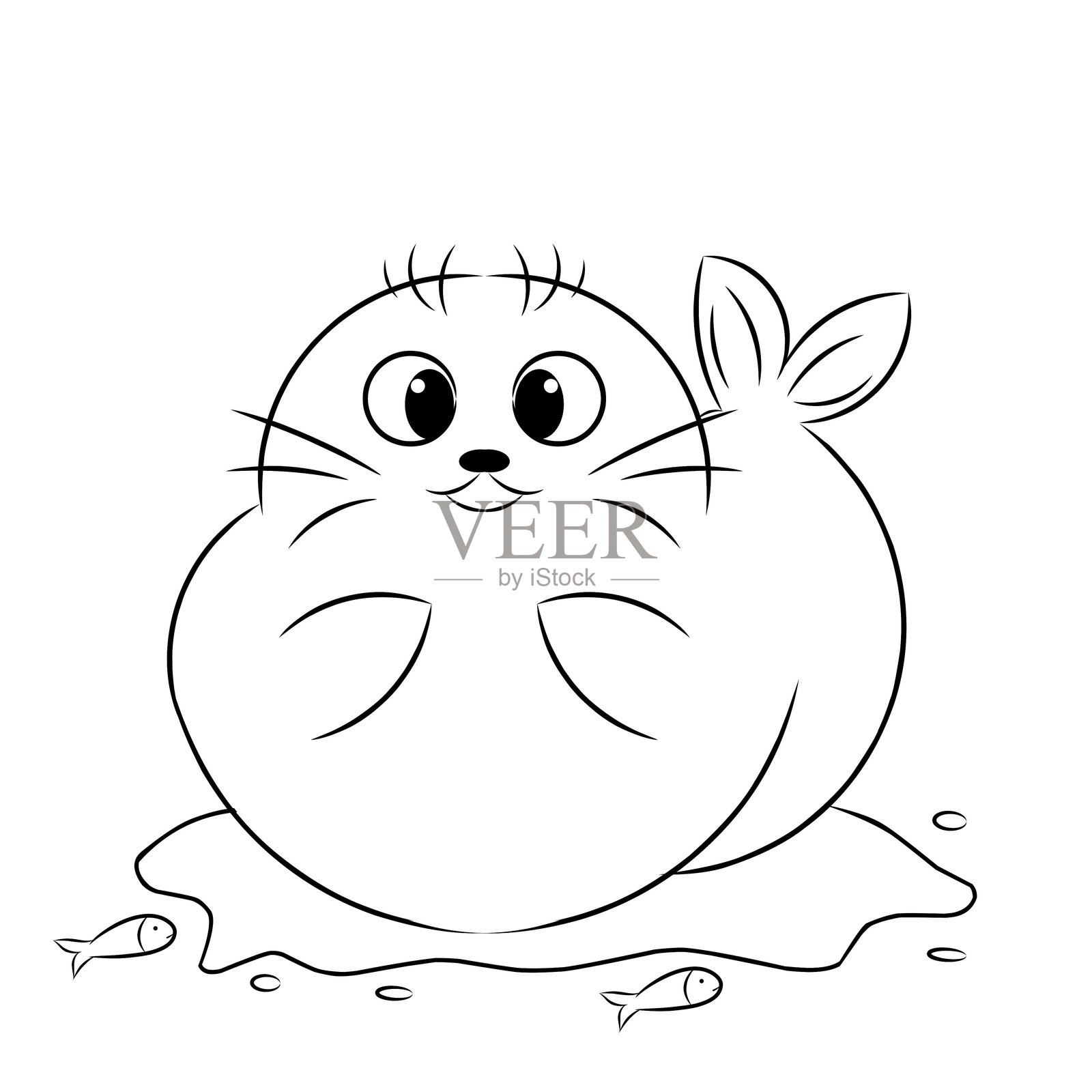 可爱的海狮宝宝与鱼坐在水洼上，卡通插图轮廓，适合儿童涂色书插画图片素材