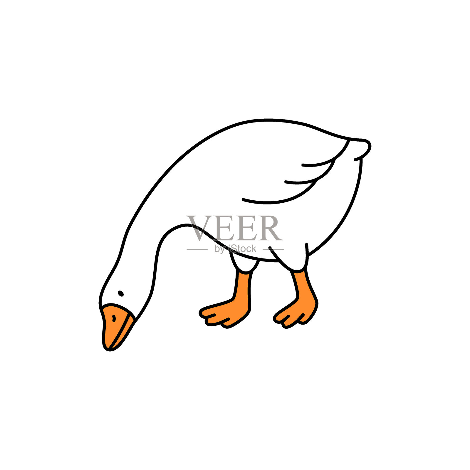 低头觅食的鹅插图。简约线条艺术表现其啄食姿态。插画图片素材