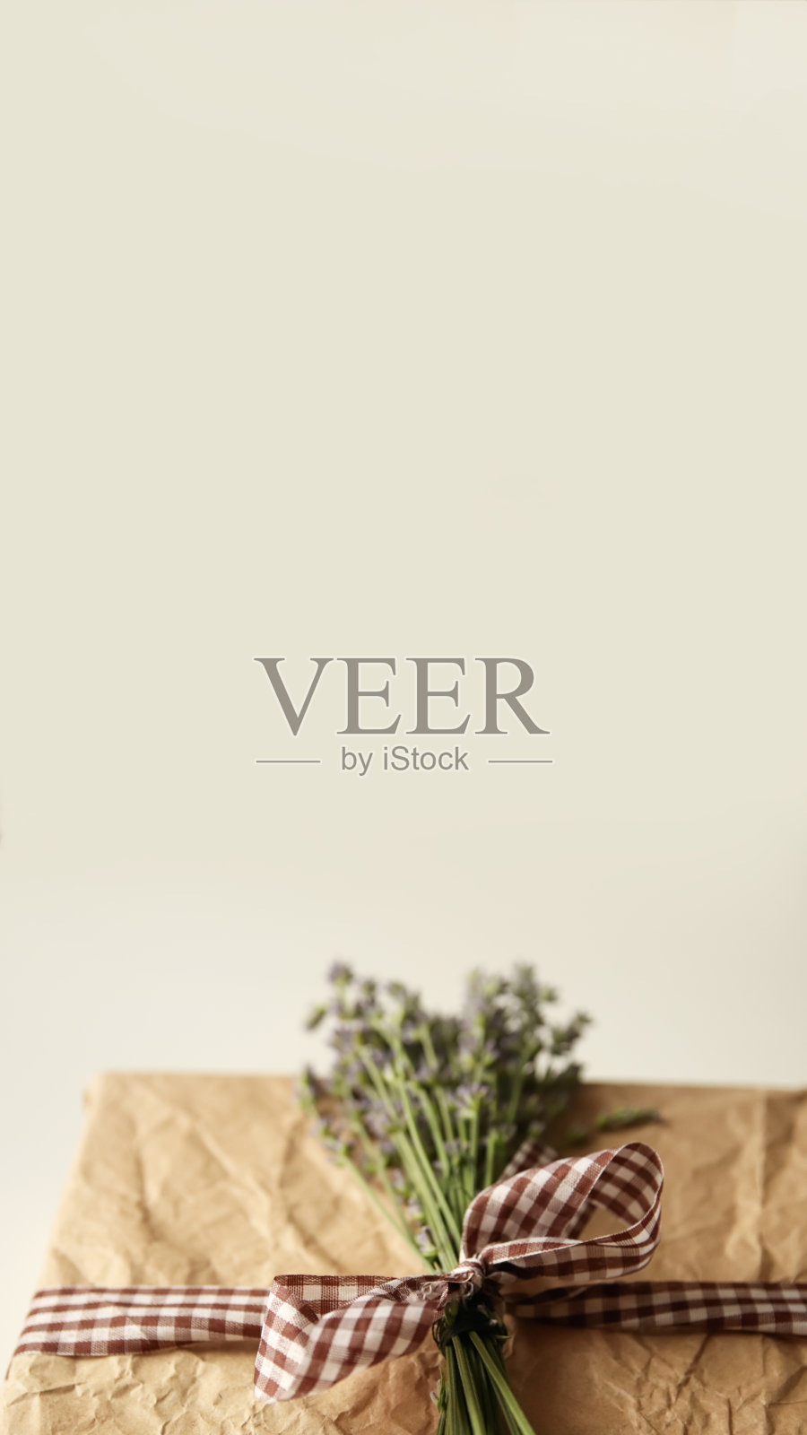 垂直图像展示一个带棕色丝带的礼品盒。礼品盒的丝带呈垂直卷绕。手工制作的礼物工艺故事。棕色格子礼品盒的美感。节日庆祝的花卉礼物。用心的礼物。照片摄影图片