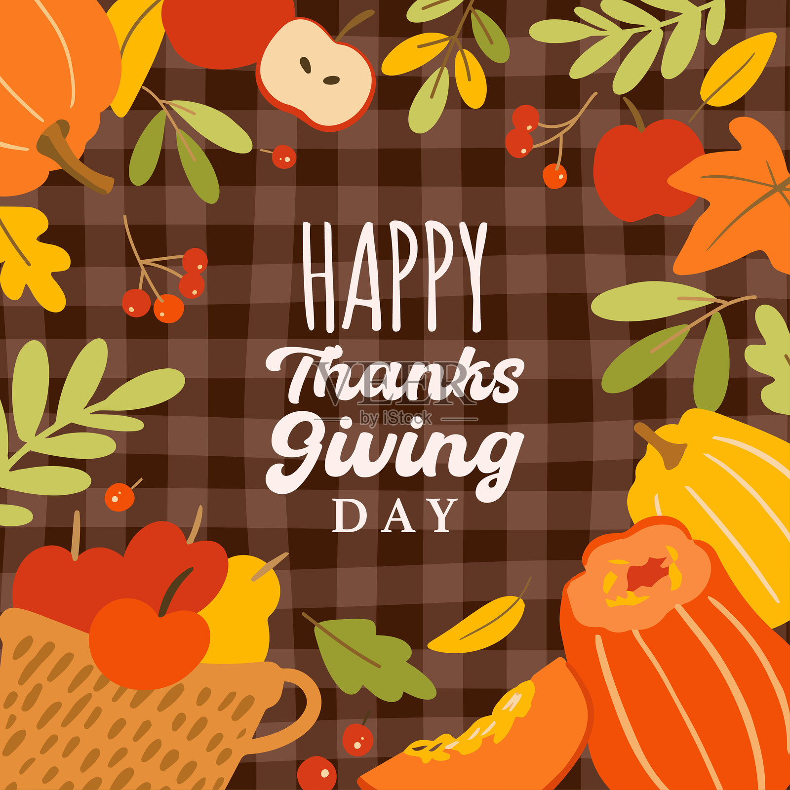 感恩节庆祝问候方卡，秋季活动背景，包含南瓜、树叶、水果，创意矢量插图插画图片素材