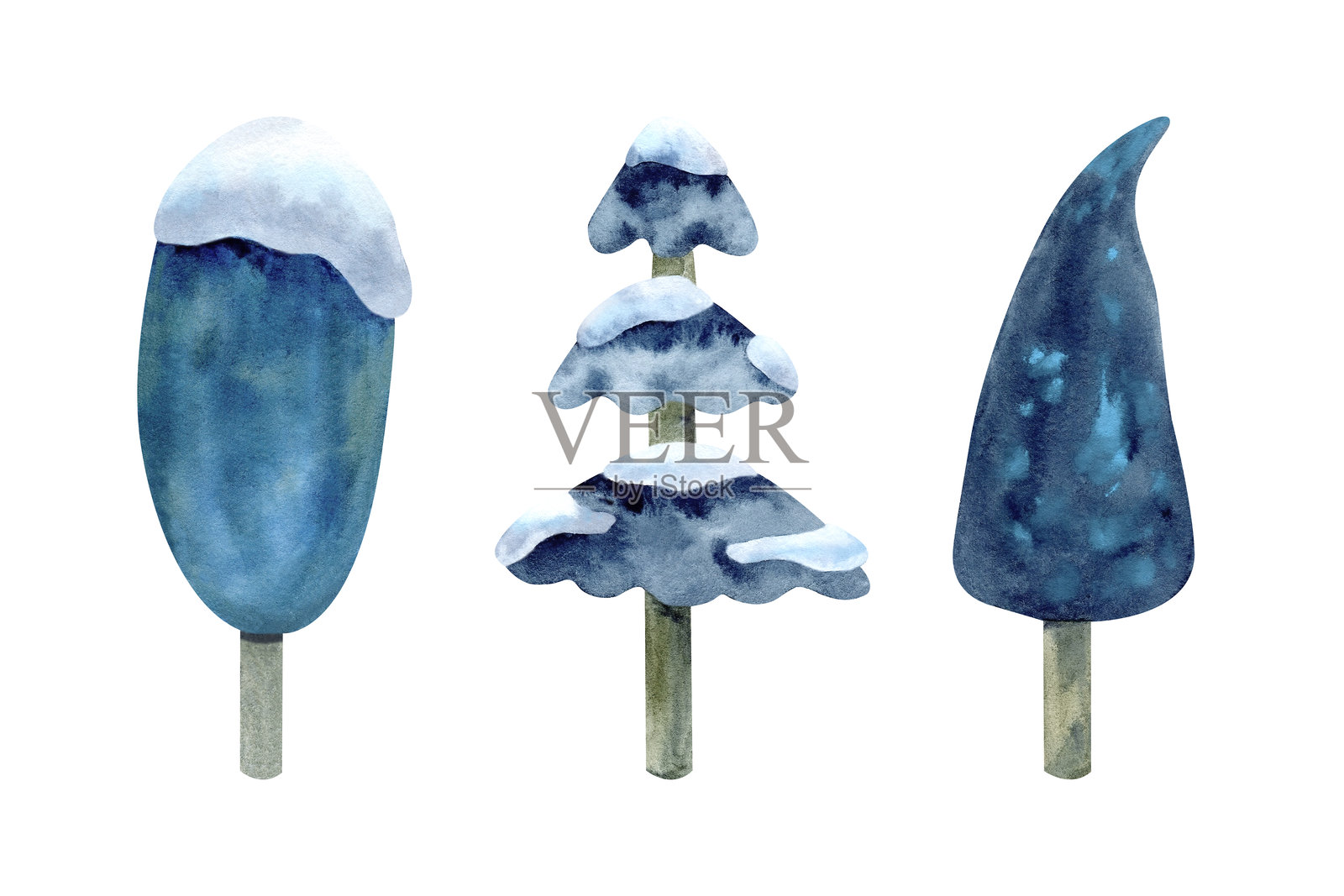 带雪的水彩树。儿童绘画剪贴画套装。抽象的云杉元素，背景独立。适用于冬季风景设计、圣诞卡、装饰、儿童书籍和桌游。插画图片素材