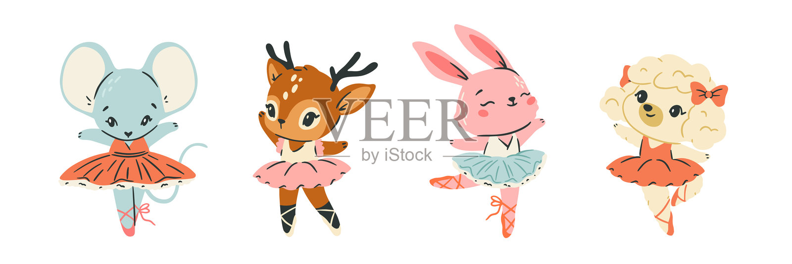 一组可爱的芭蕾舞动物。老鼠、兔子、鹿和狗穿着芭蕾舞鞋和舞裙跳舞。儿童风格的设计。平面矢量插图合集。插画图片素材