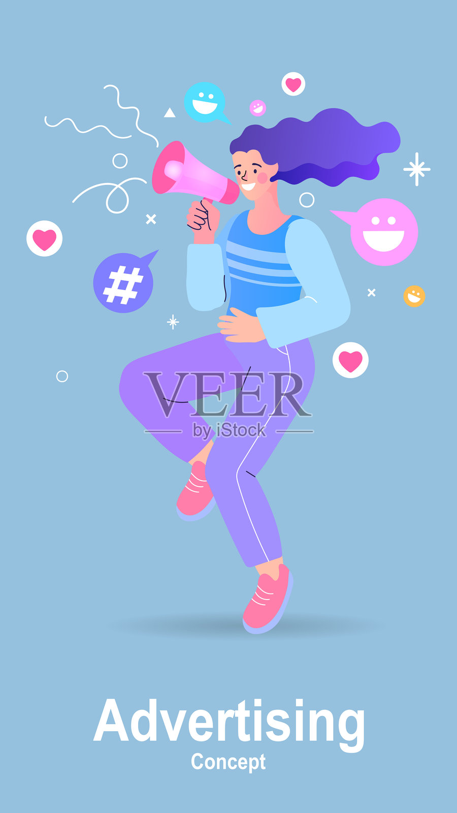 广告概念。一位女性市场营销人员或网红使用扩音器传播信息。社交媒体图标如标签和点赞在周围飞舞。适用于数字公关或推广的垂直矢量图。插画图片素材