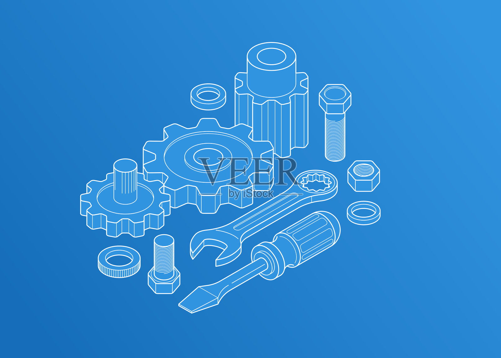 发明翻新概念，3D等轴测图中的齿轮和工具插画图片素材