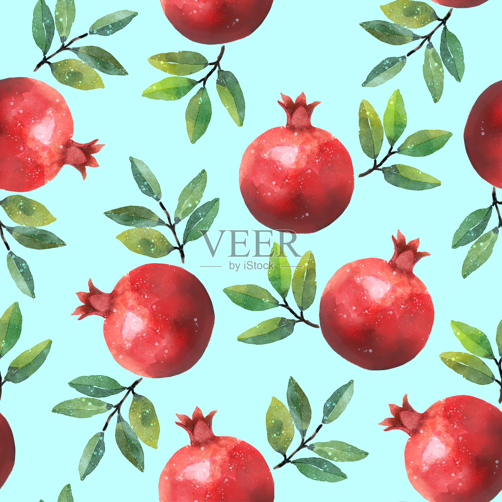 浅青色背景上的无缝石榴图案插画图片素材