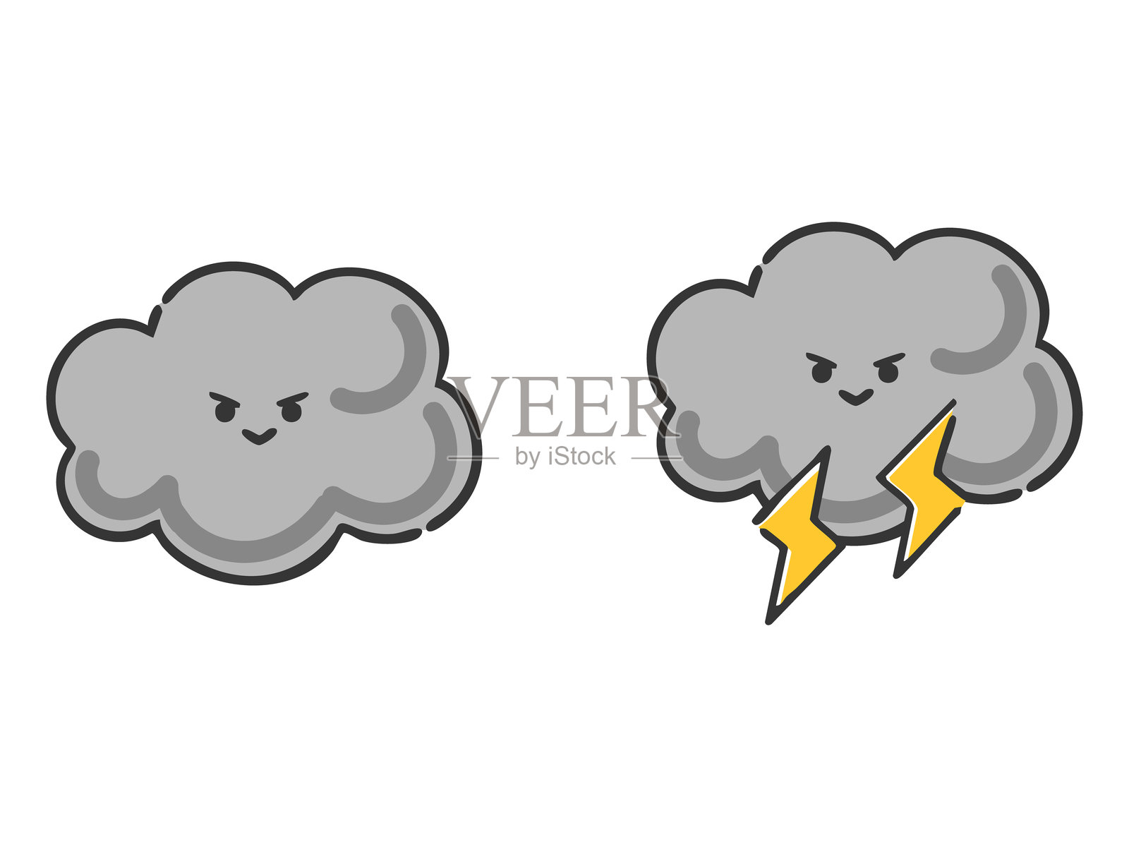 可爱的黑色云朵和闪电插图（带面孔）矢量图插画图片素材