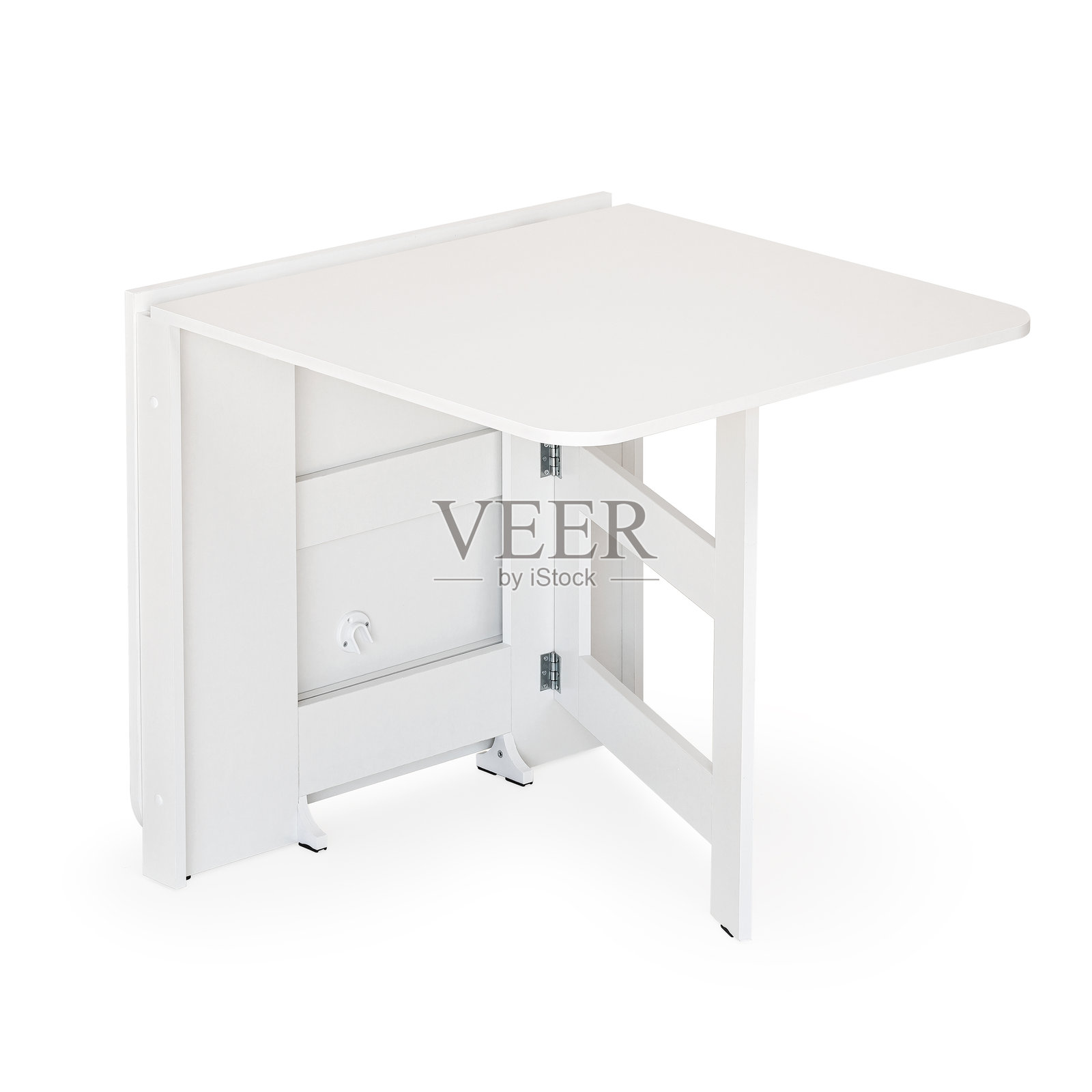 一张半开的白色折叠桌，孤立在白色背景上照片摄影图片