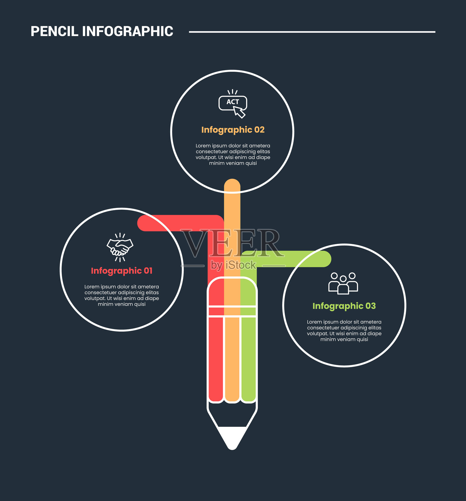 铅笔教育信息图表流程图，带有长线条的多彩构图，配有大圆形容器，背景为深色，明亮的轮廓风格，包含3个要点。插画图片素材