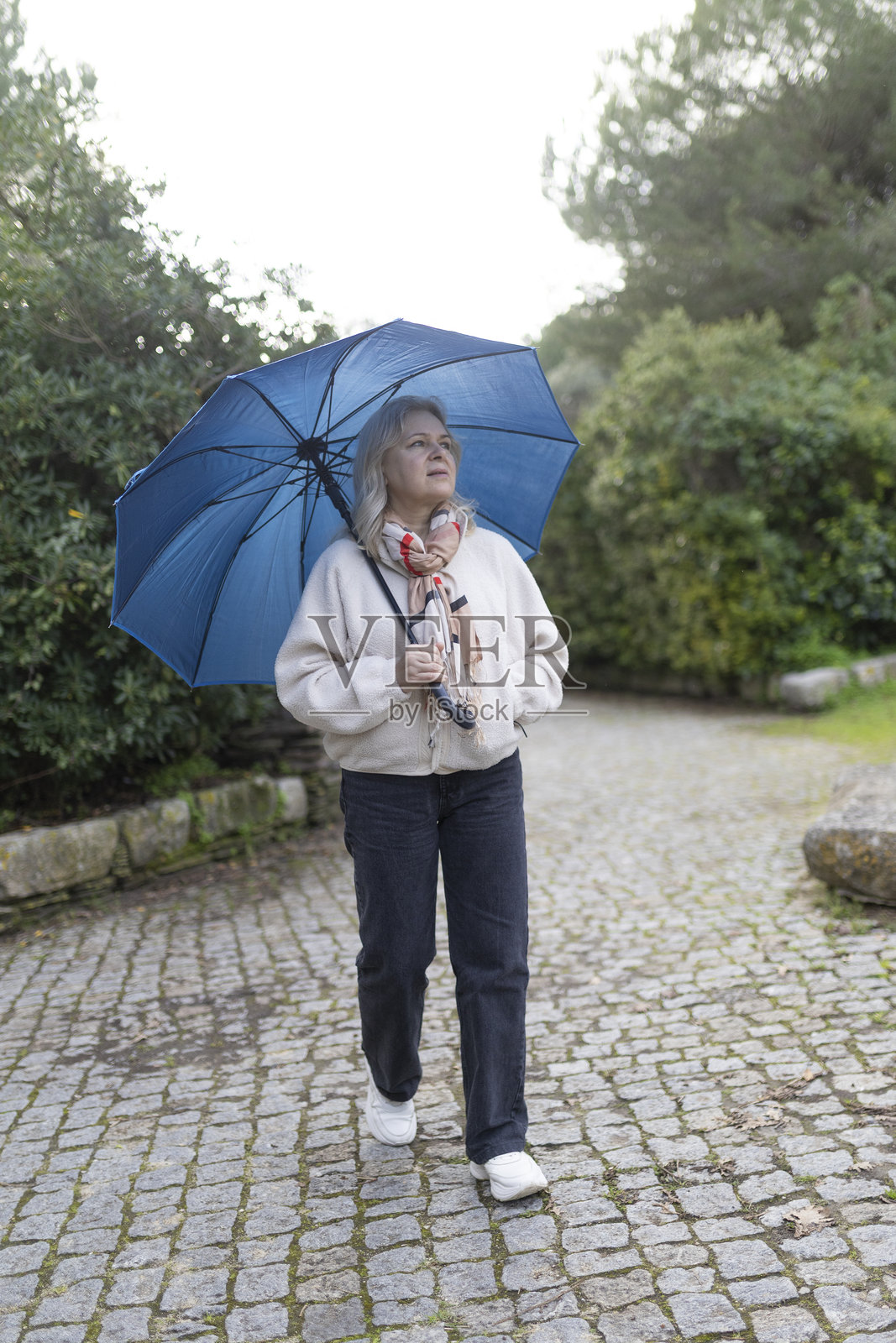 一位老年女性在阴天的公园里撑着蓝色雨伞散步照片摄影图片