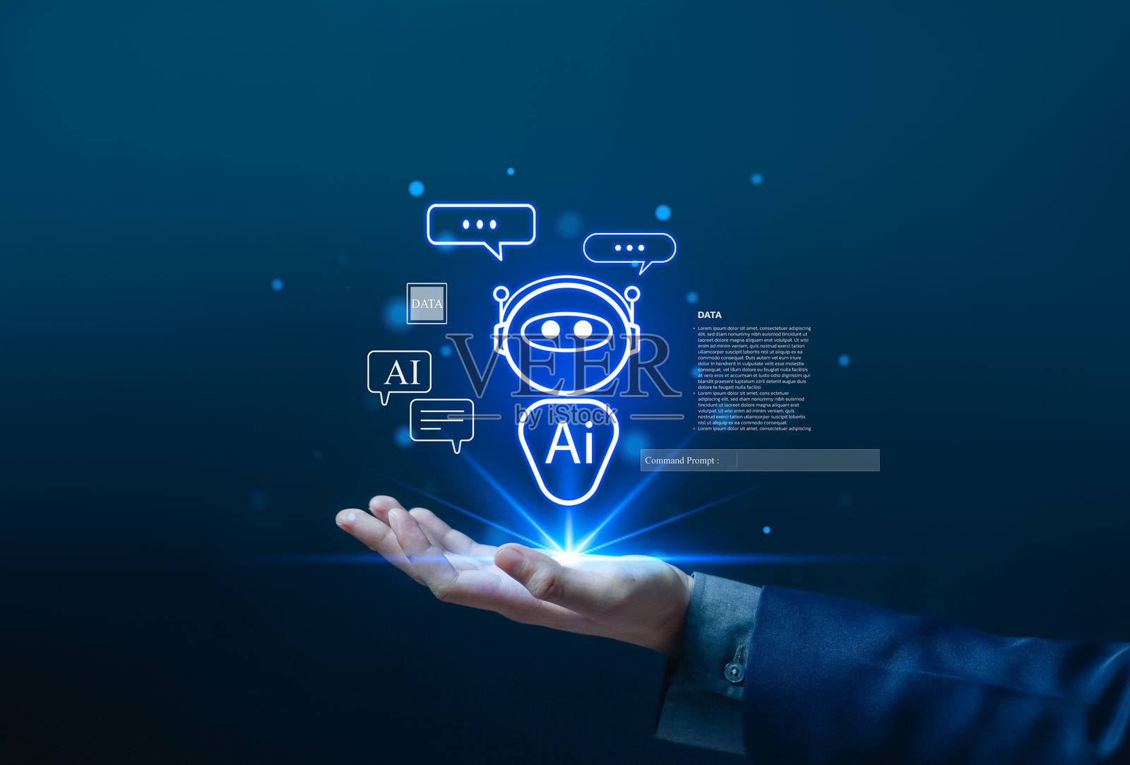 手握发光的AI聊天机器人图标，伴随数字对话气泡，体现智能、客户服务、数据通信、自动化、机器学习和智能虚拟助手技术的概念。照片摄影图片