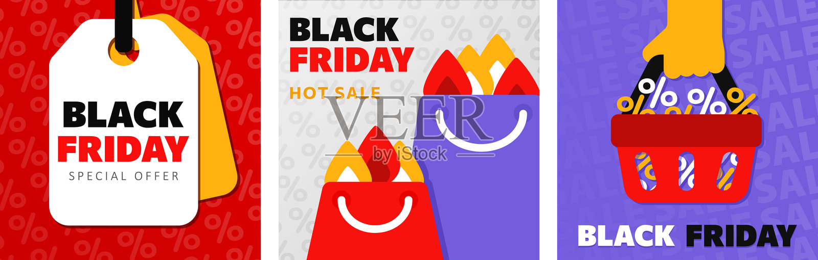 黑色星期五促销横幅，带有折扣标签、购物袋和装满百分号的购物篮插画图片素材