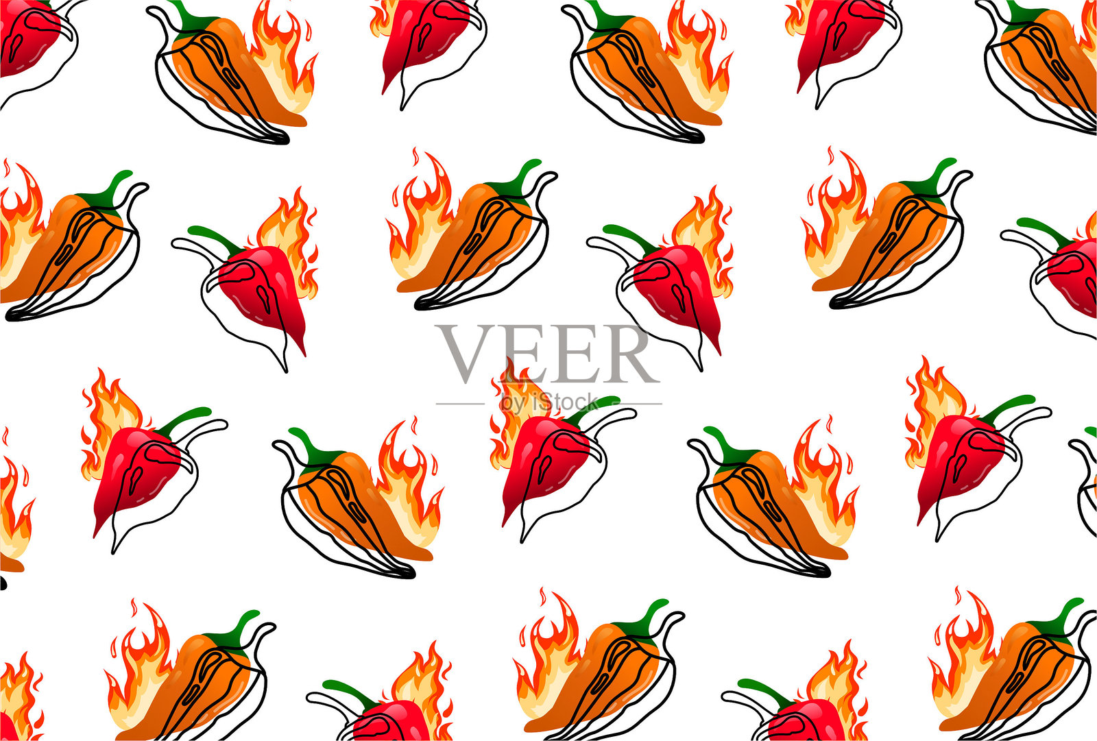 红辣椒与火焰的无缝图案背景。辣味。辛辣食品。手绘。矢量插图。色彩丰富的辣椒图案。插画图片素材