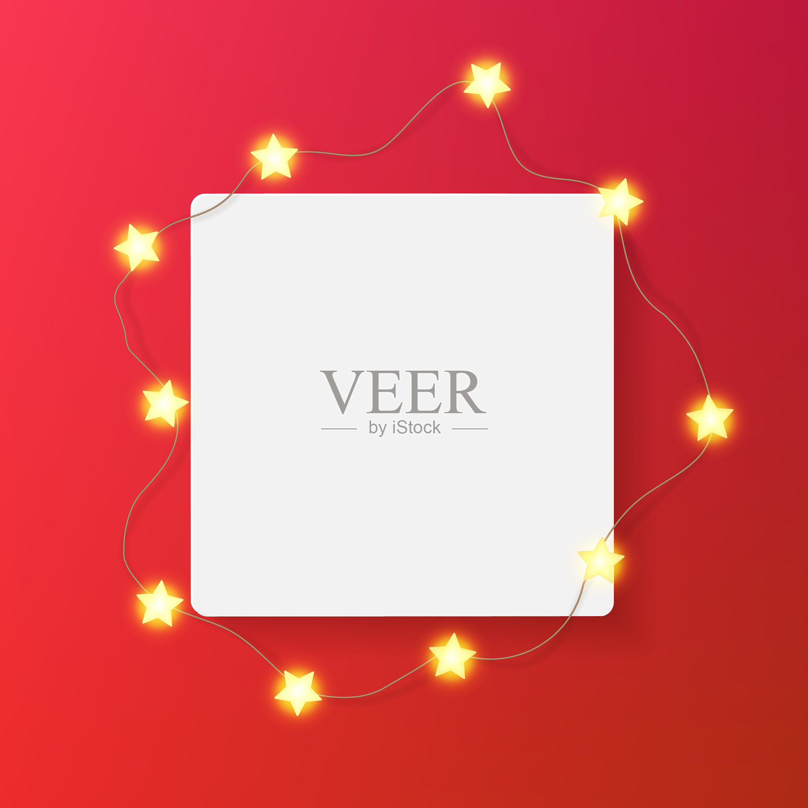 红色背景上的方形相框3D渲染。图片平铺样式，节日装饰的星形灯泡。画廊墙上的逼真灯串，空白边框阴影，引用文本留白。图像打印节日贺卡。插画图片素材