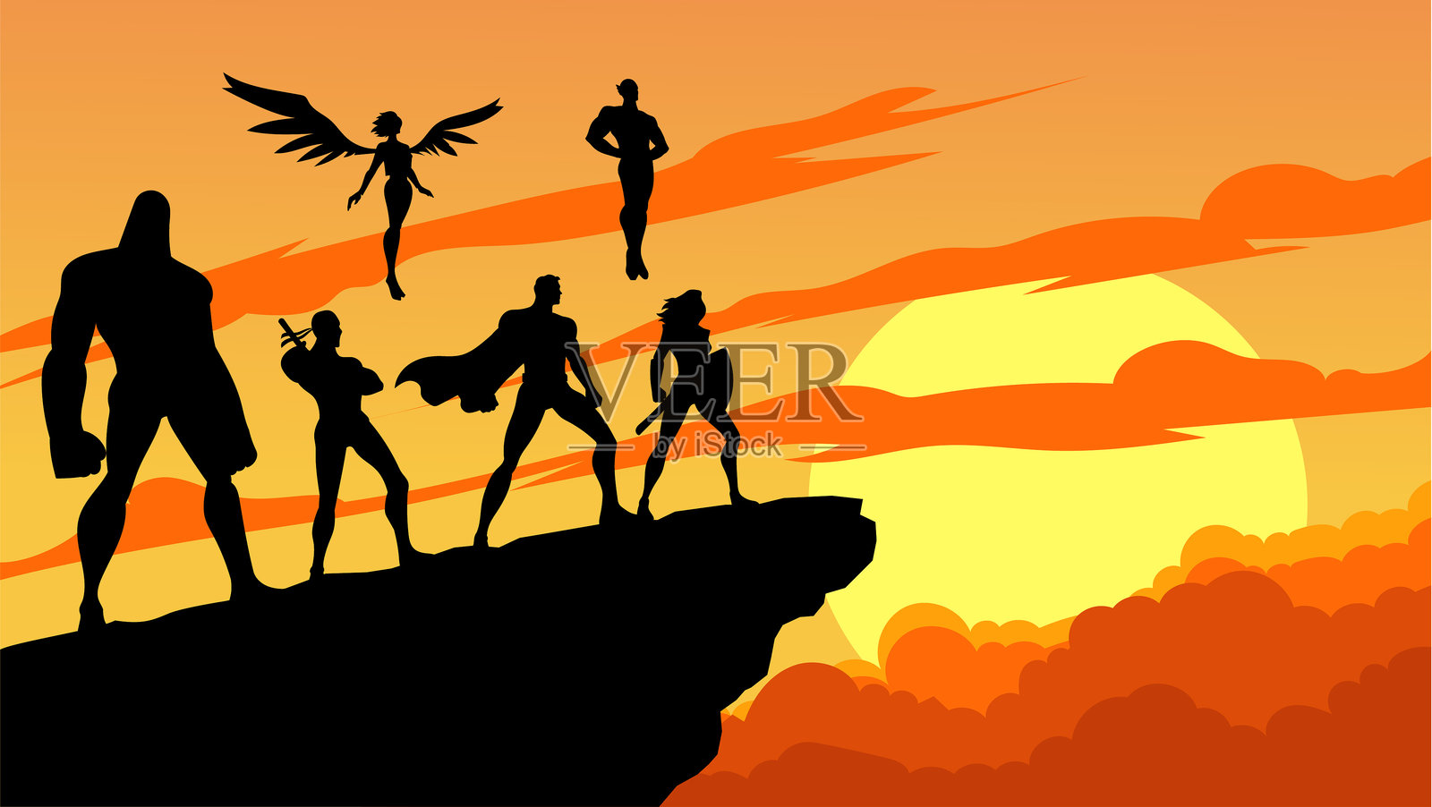 矢量超级英雄团队剪影站在悬崖上插图插画图片素材