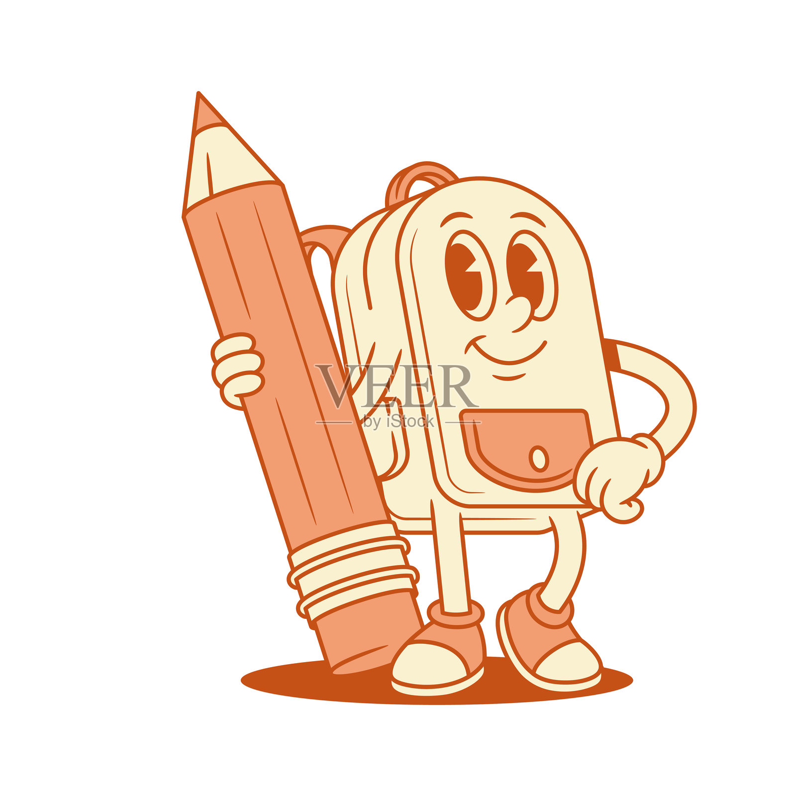 微笑的小书包卡通角色与铅笔的等距插图插画图片素材