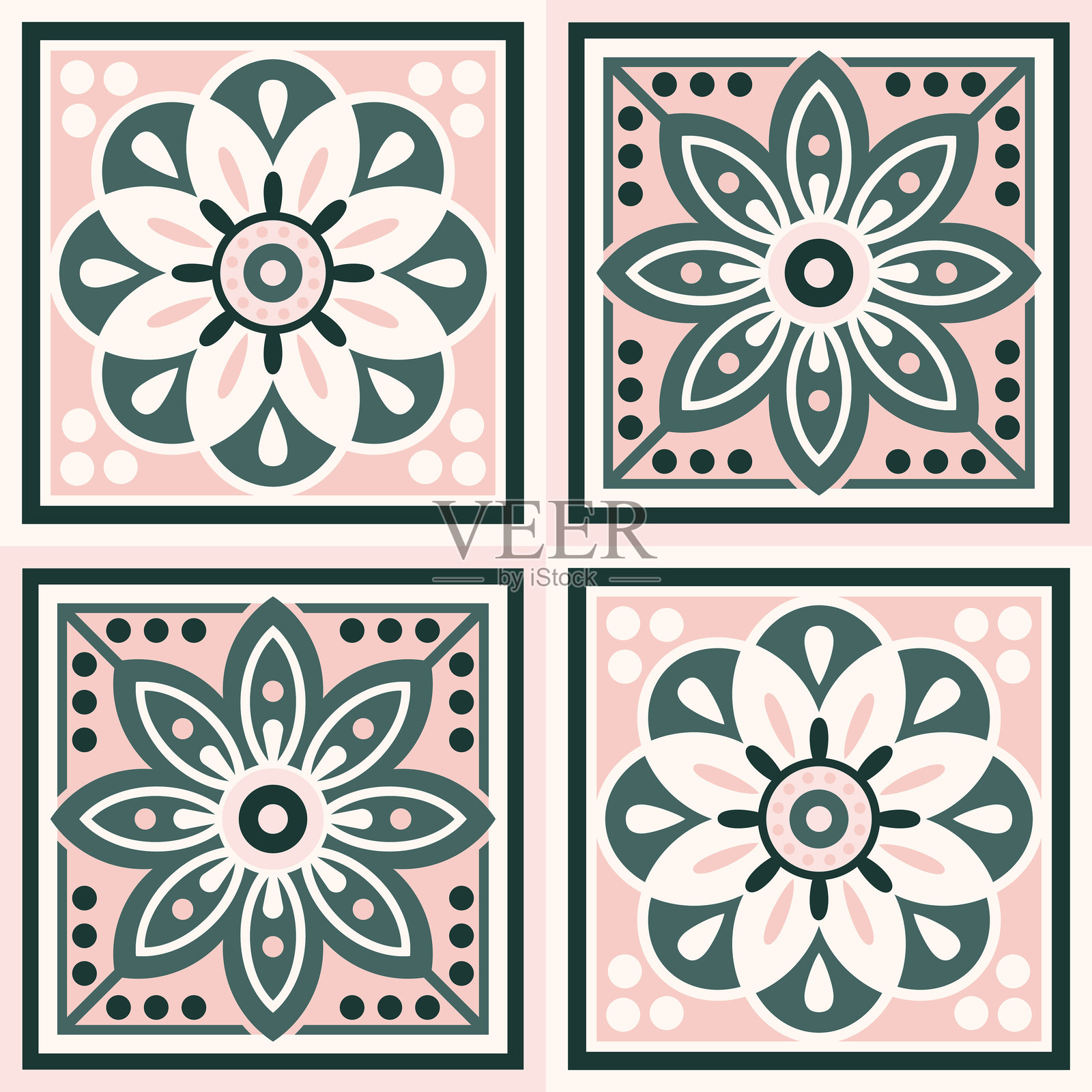 色彩丰富的矢量装饰花卉图案集，包含圆形和菱形，民俗风格的花朵插画图片素材