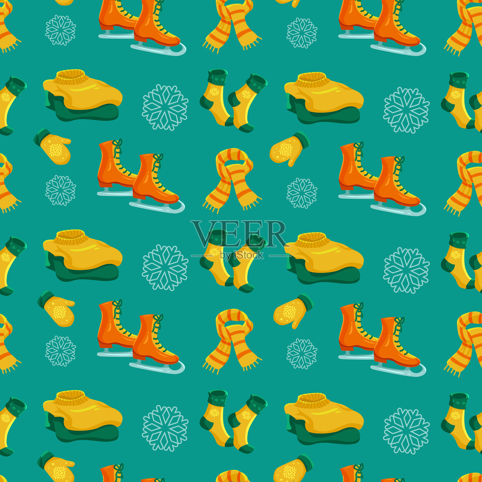 蓝色背景上的冬季物品和衣物的无缝矢量图案。适用于设计壁纸、纺织品、包装纸、面料、礼品和印刷品。插画图片素材