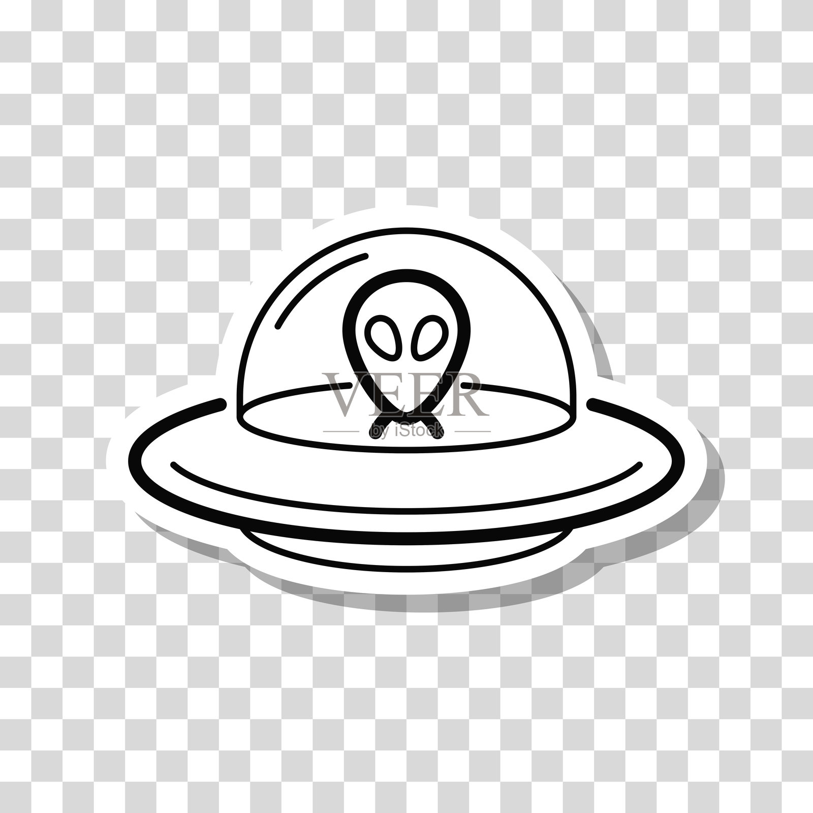 UFO - 带外星人的飞碟。空白背景上的图标贴纸插画图片素材