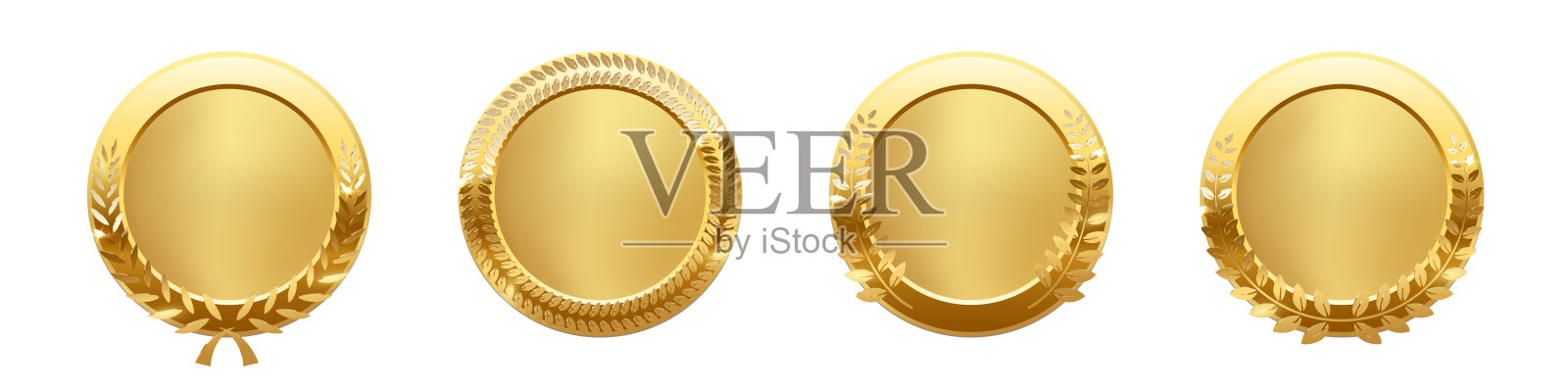 一套带有月桂装饰的金牌。用于奖项、成就或证书的空白金色徽章。优雅的圆形框架，适合获胜者。真实的矢量插图。插画图片素材