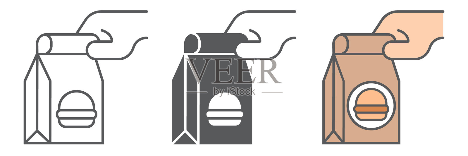 手握纸袋线条图标，服务与配送，安全送餐标志，矢量图形，白色背景上的线性图标，eps 10。插画图片素材