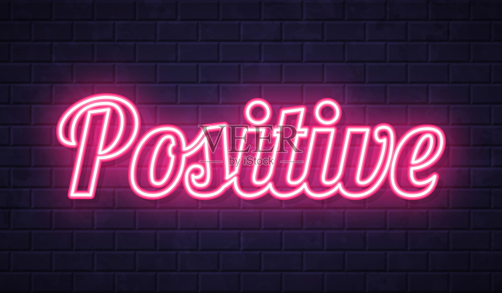 积极的 - 砖墙背景上的发光霓虹文字插画图片素材