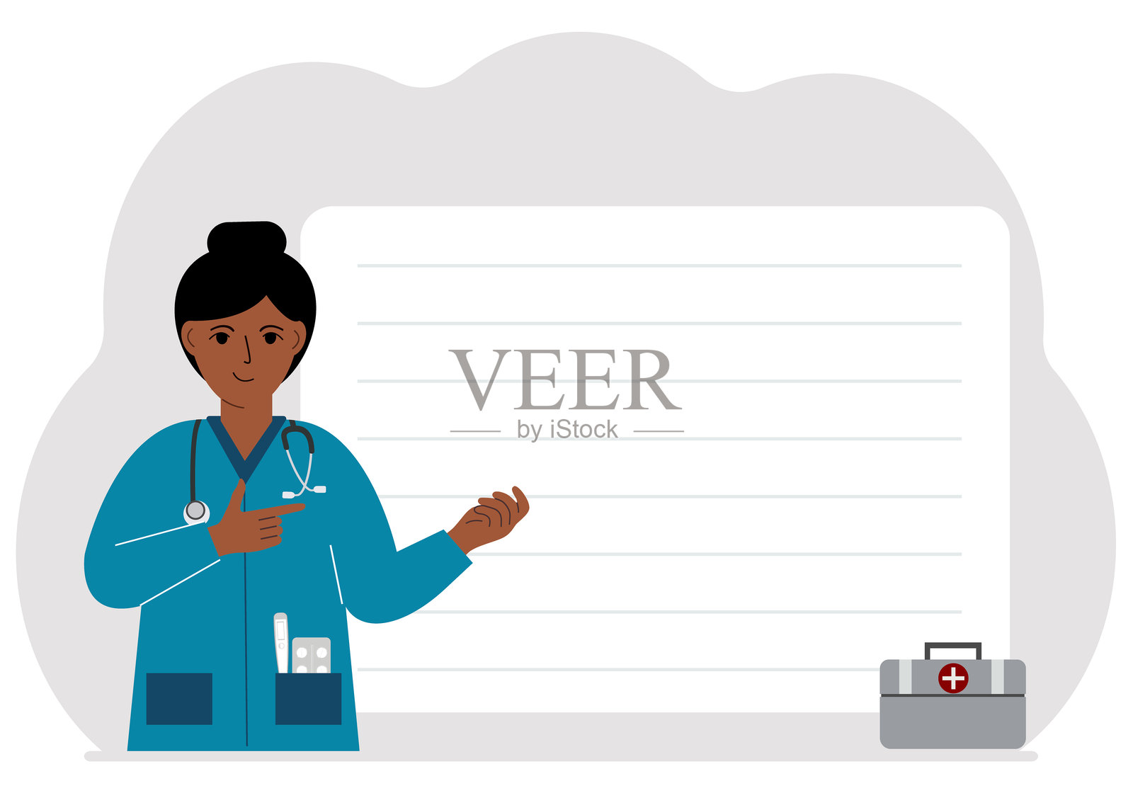 微笑的女医生手持一份空白纸张的文件。矢量图插画图片素材