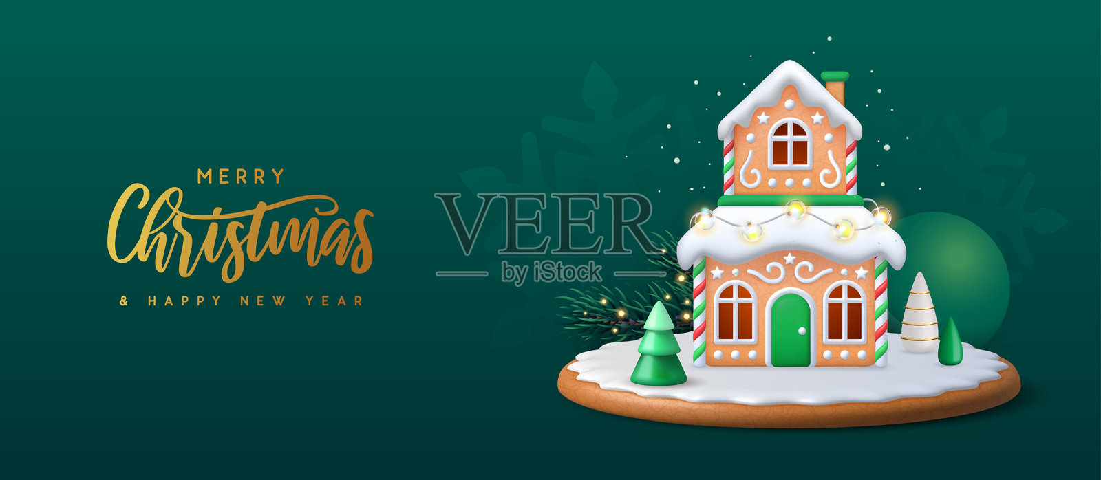 圣诞快乐和新年快乐横幅，背景为绿色，包含3D姜饼屋、圣诞树和灯串。矢量插图插画图片素材
