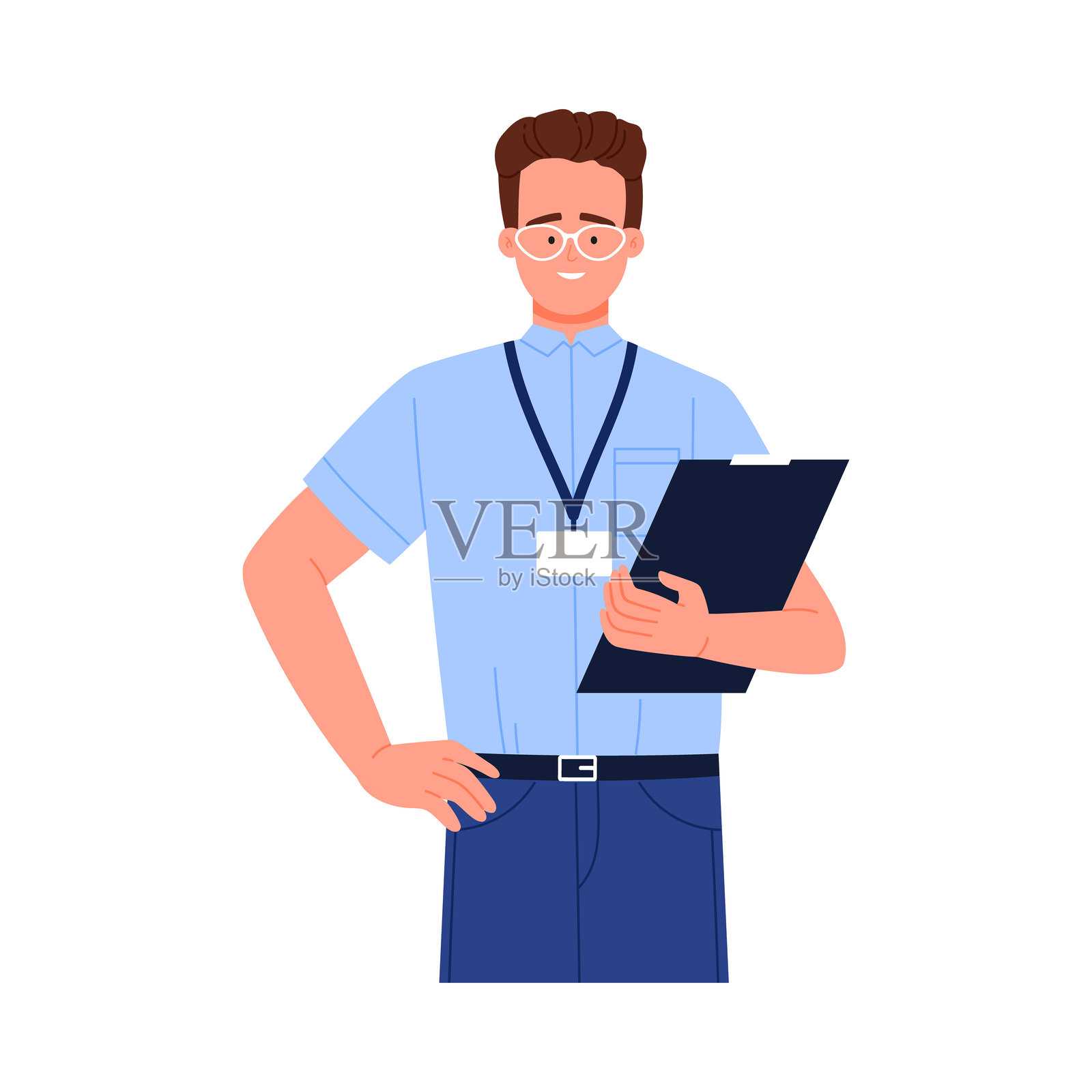 微笑的驾校教练，手持夹板和徽章，背景为白色隔离图形插图插画图片素材