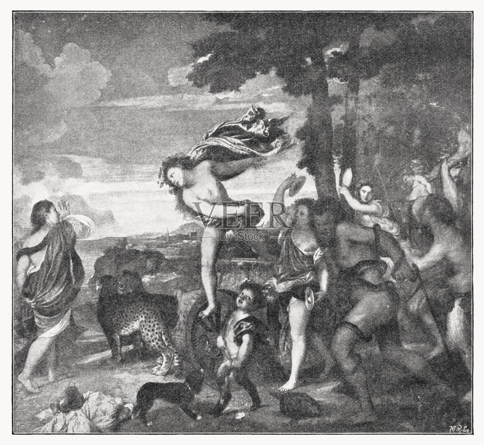 提香所绘的《巴克斯与阿里阿德涅》，半色调印刷，出版于1897年插画图片素材