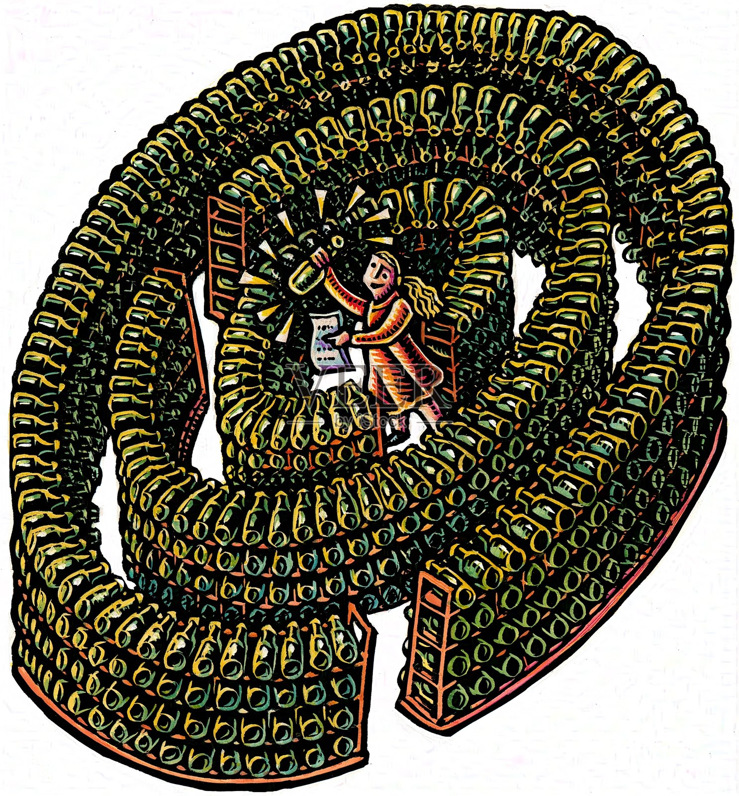 女人在酒窖的迷宫中发现了一瓶葡萄酒插画图片素材