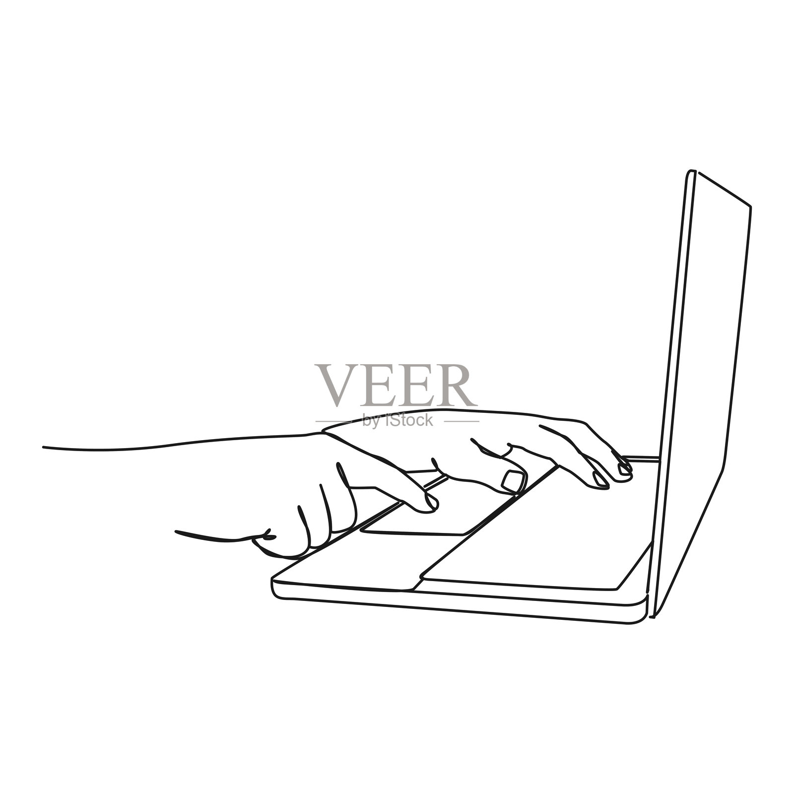 一个人用笔记本电脑的手的单线画插画图片素材