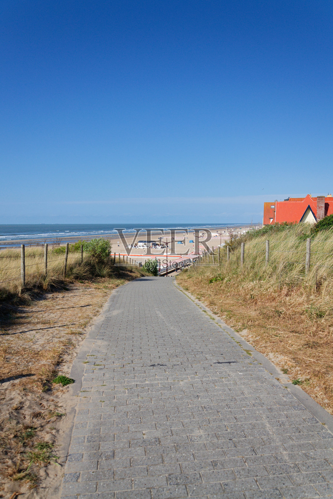 比利时德汉的海滨村庄，西弗拉芒省，2025年5月23日，阳光明媚的夏日，人们在美丽的沙滩和沙丘附近。照片摄影图片