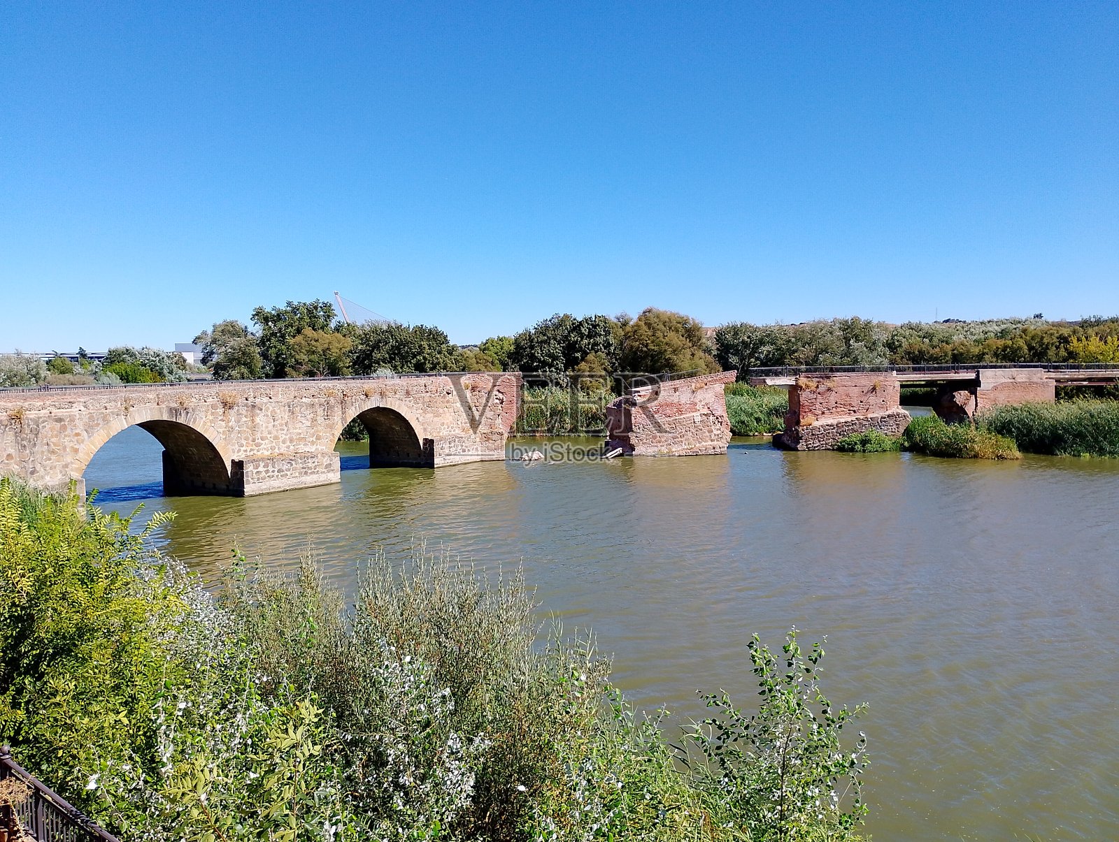 塔拉韦拉·德·拉·雷纳（西班牙）圣卡塔利娜桥（也称为罗马桥）在2025年3月23日塔霍河洪水期间倒塌。照片摄影图片