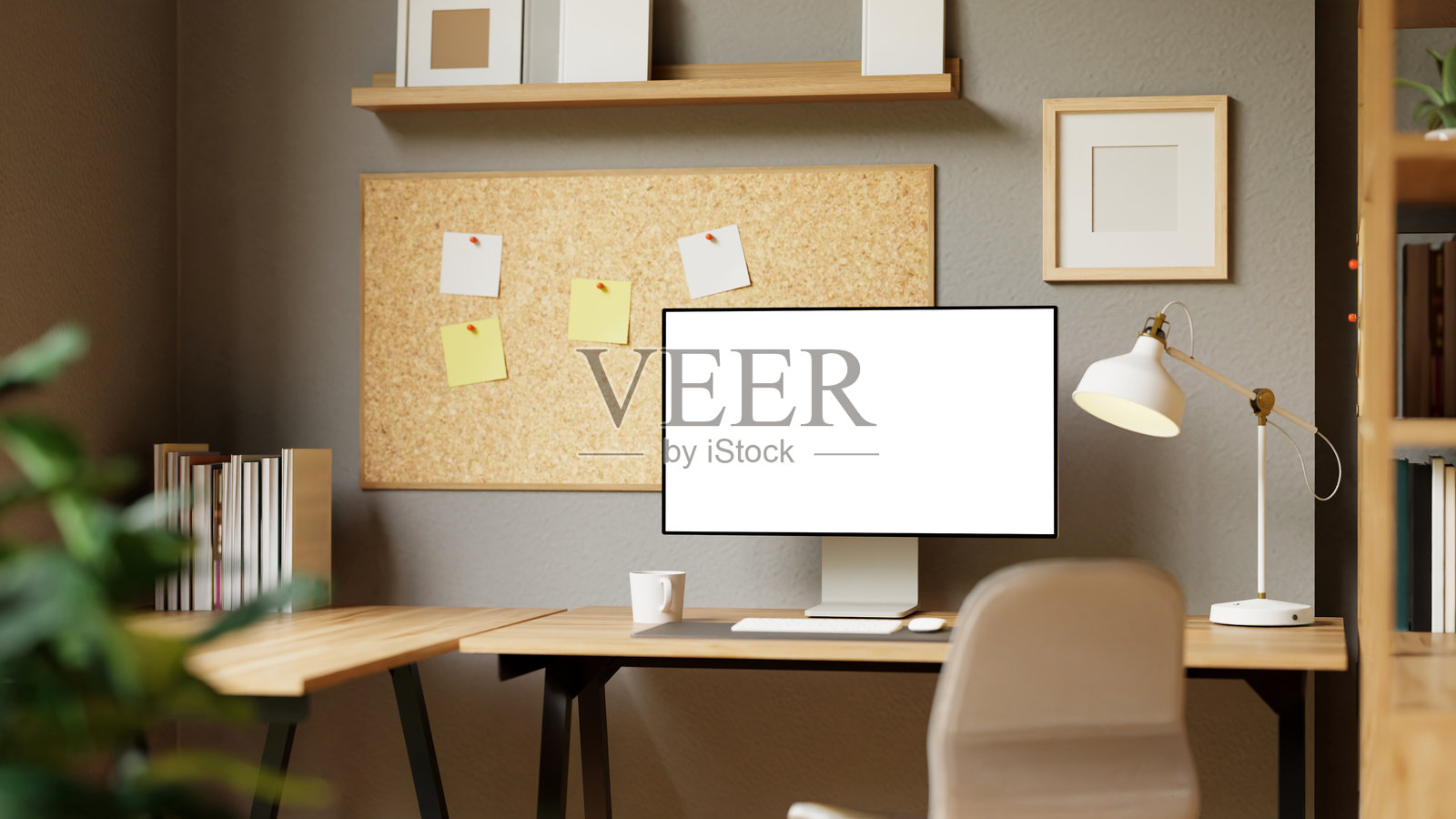 逼真的3D插图，展示了一个工作空间的内部，包含桌子、书籍和一台空白屏幕的电脑。照片摄影图片