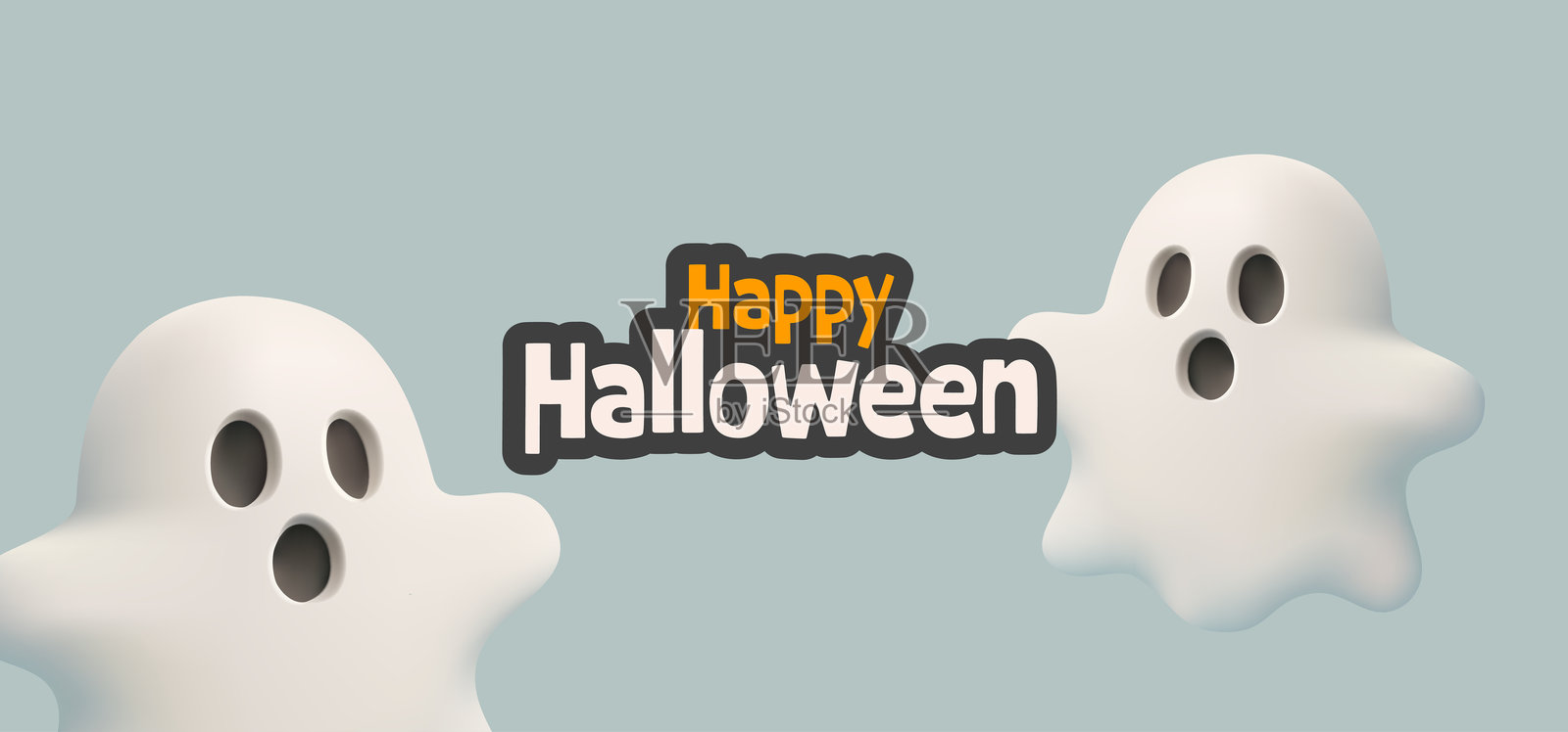 飞舞的鬼魂吓人，3D角色。适合万圣节概念。穿着白色布料的鬼魂。现代横幅。矢量插图。插画图片素材