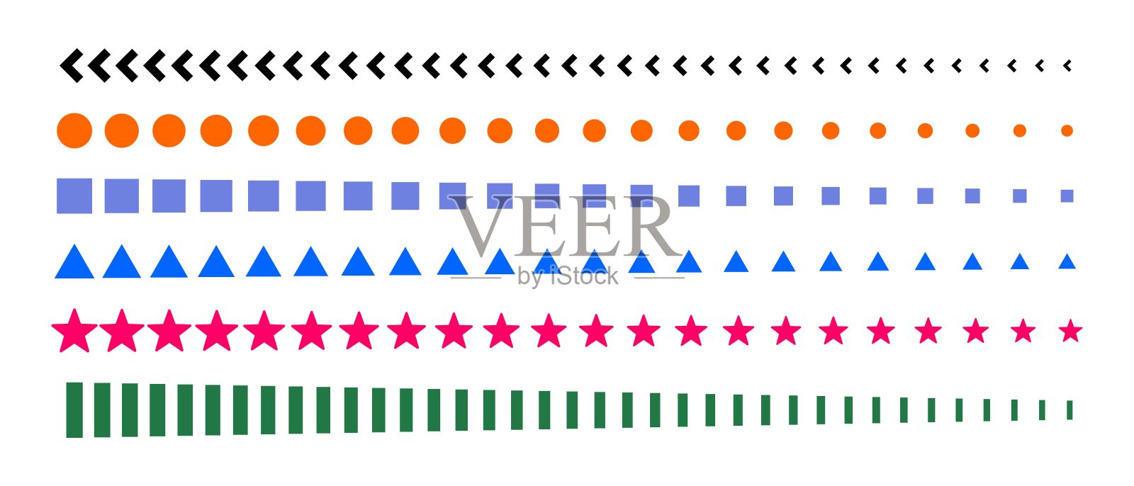 六排几何形状：正方形、圆形、三角形、矩形、线条、星形、箭头、指针，按大小递减和相互之间距离递增排列。插画图片素材