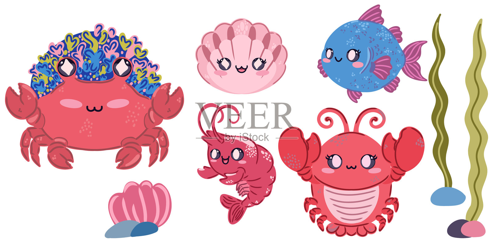 一组可爱、卡哇伊的平面插图，展示海洋生物和鱼类。非常适合儿童项目、卡片、贴纸和设计。插画图片素材