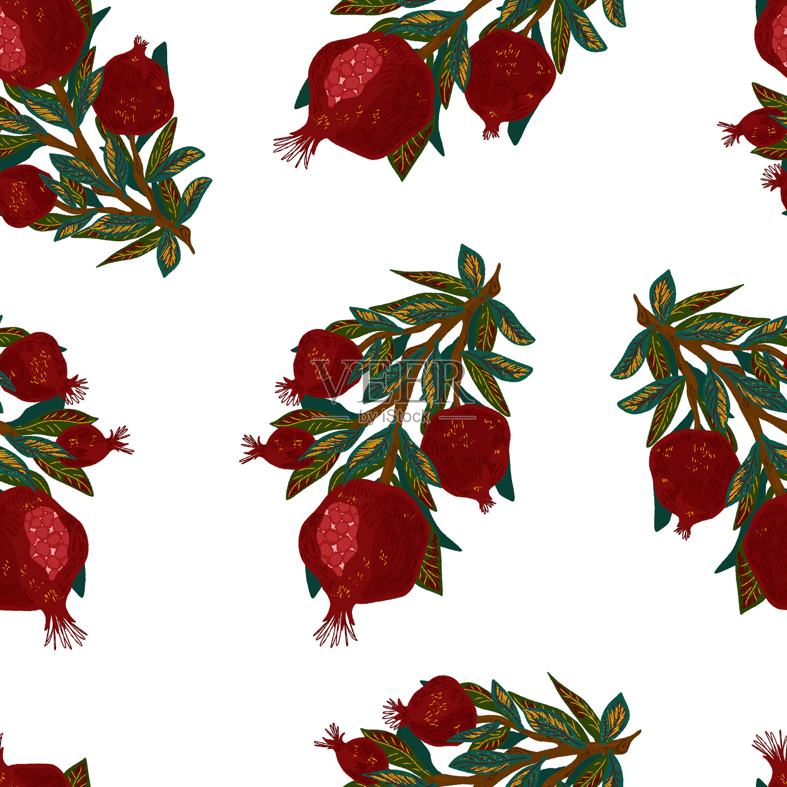 石榴枝的无缝图案。一个风格化、清新而充满活力的设计，适合用于服装、墙纸、纺织品和包装。插画图片素材