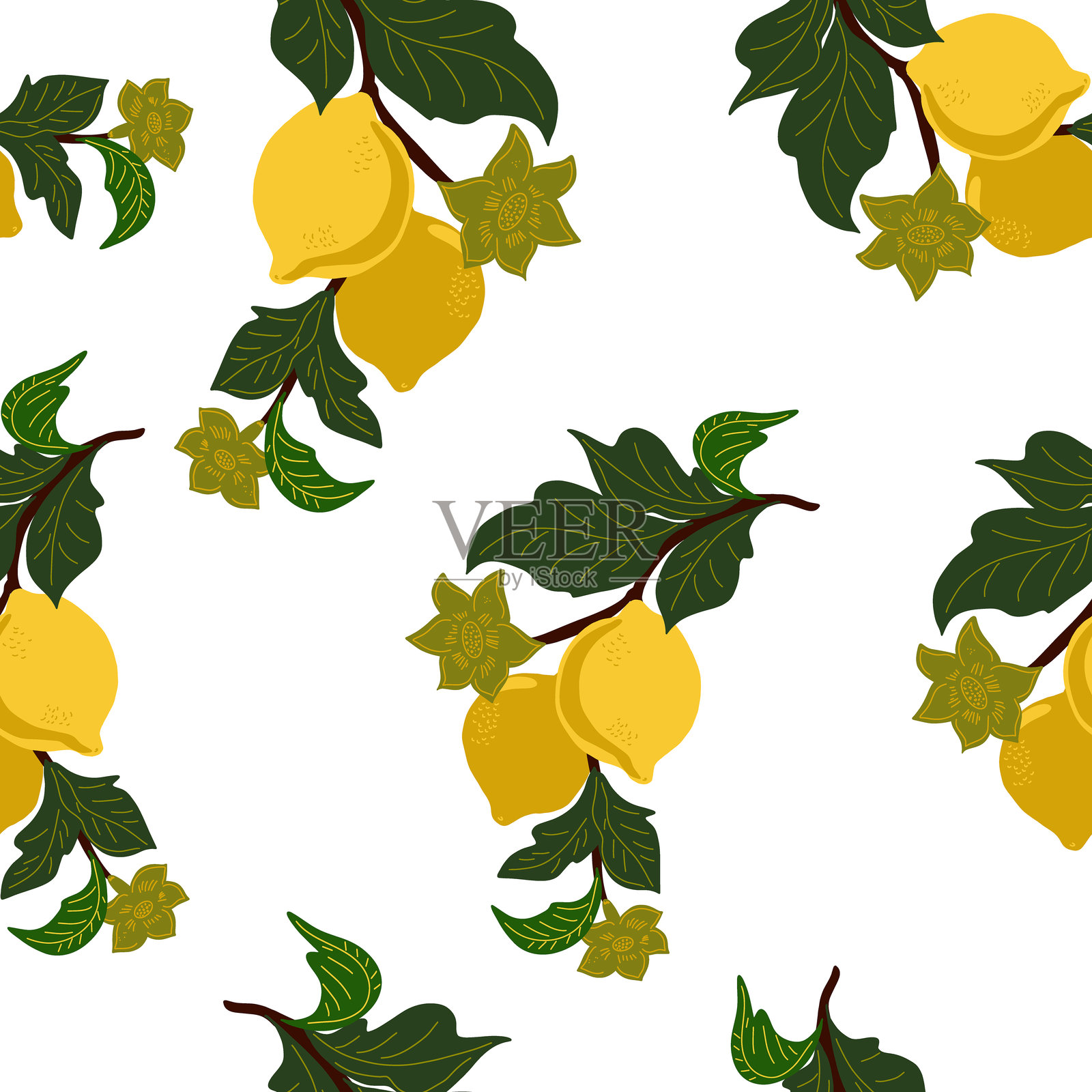 白色背景上的柠檬枝和花朵的无缝图案。风格化、清新、充满活力的平面印刷，适合用于服装、壁纸、纺织品和包装。插画图片素材