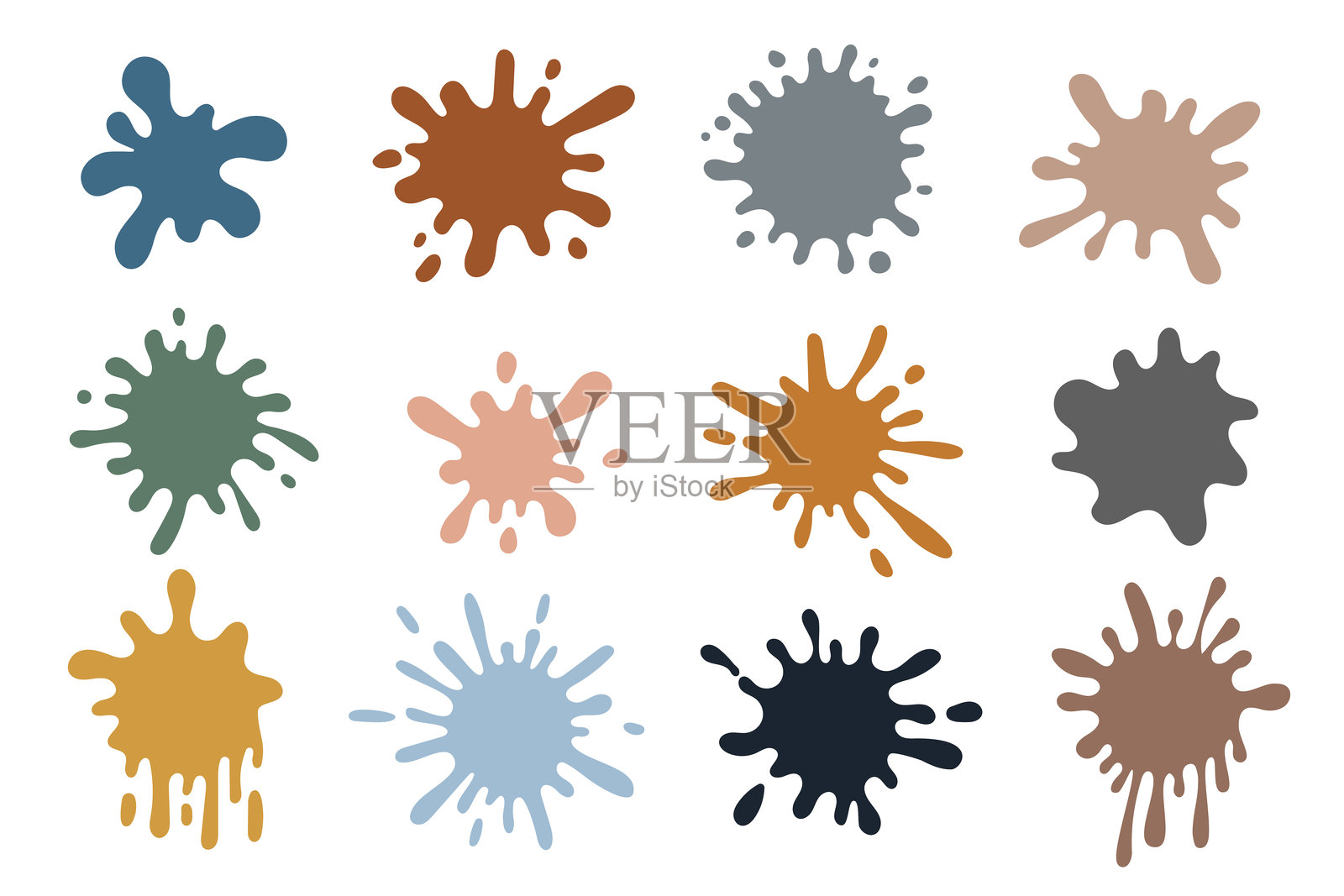 各种形状的彩色粉彩飞溅。抽象的斑点和溅洒。墨水污点的集合。白色背景上的平面风格矢量插图。插画图片素材