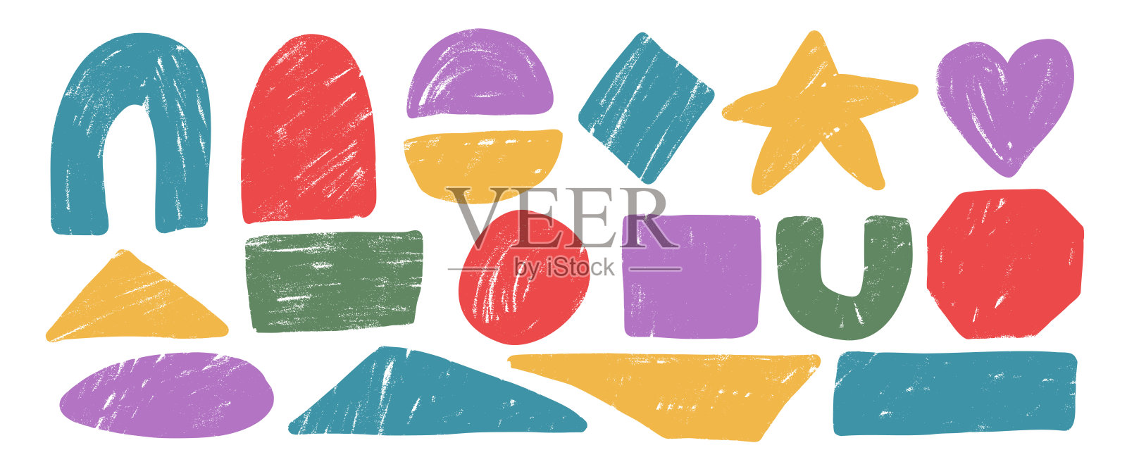 儿童自由手绘几何形状套装。文本框架包。弧形、圆形和三角形图形。矢量手绘引用贴纸形状。手工绘制的标注图形插图。插画图片素材