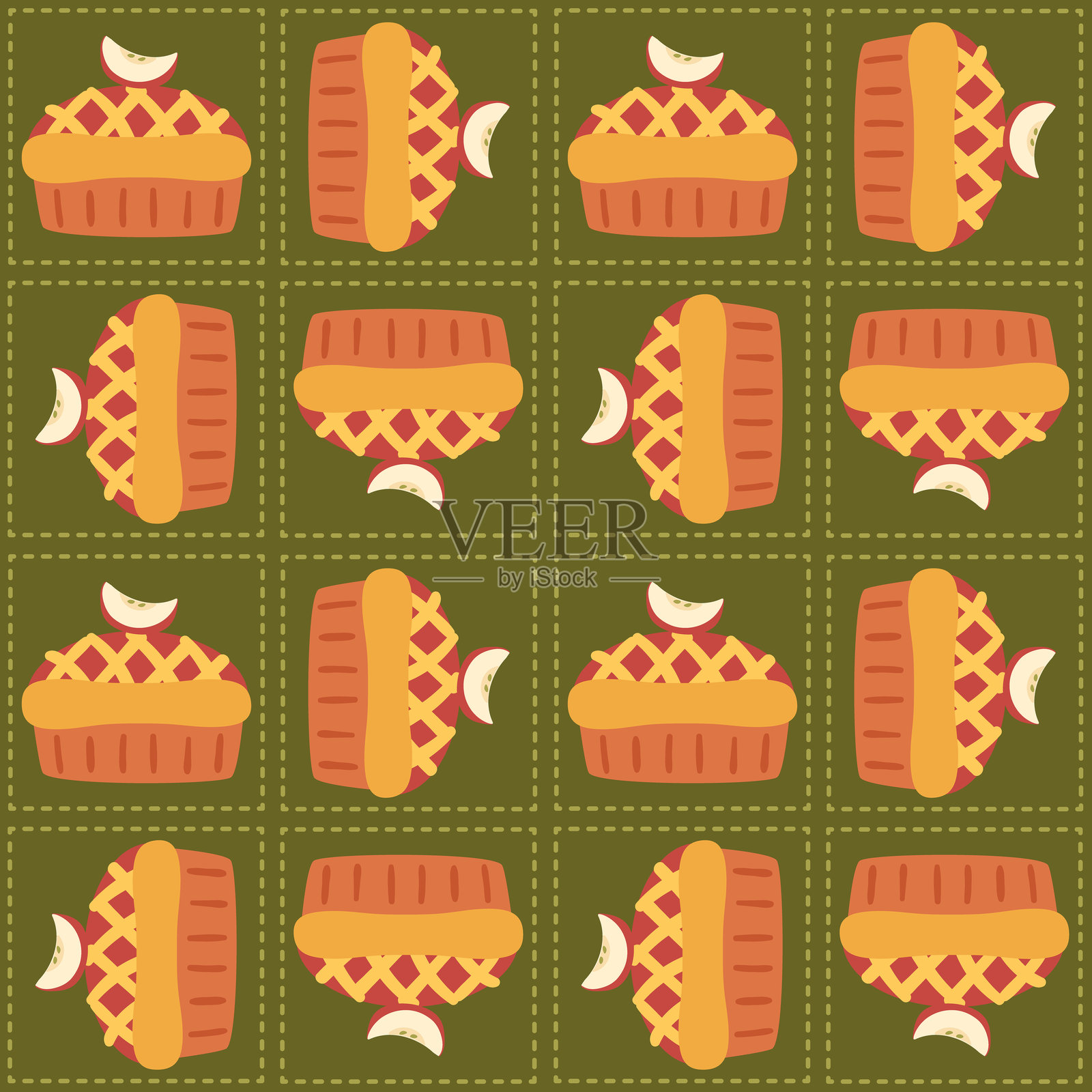 无缝的苹果派图案，带有格子状的外壳和新鲜的苹果片，排列在深绿色背景的网格中，非常适合秋季主题的面料、包装和温馨设计。插画图片素材