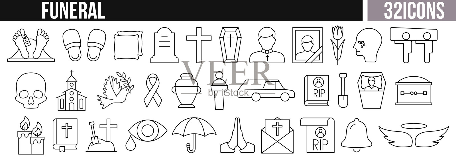 32个葬礼线条图标的集合，包括棺材、 urn、十字架、牧师、墓碑、蜡烛、鲜花和哀悼符号。葬礼线条图标集。哀悼和纪念的轮廓矢量集合。插画图片素材