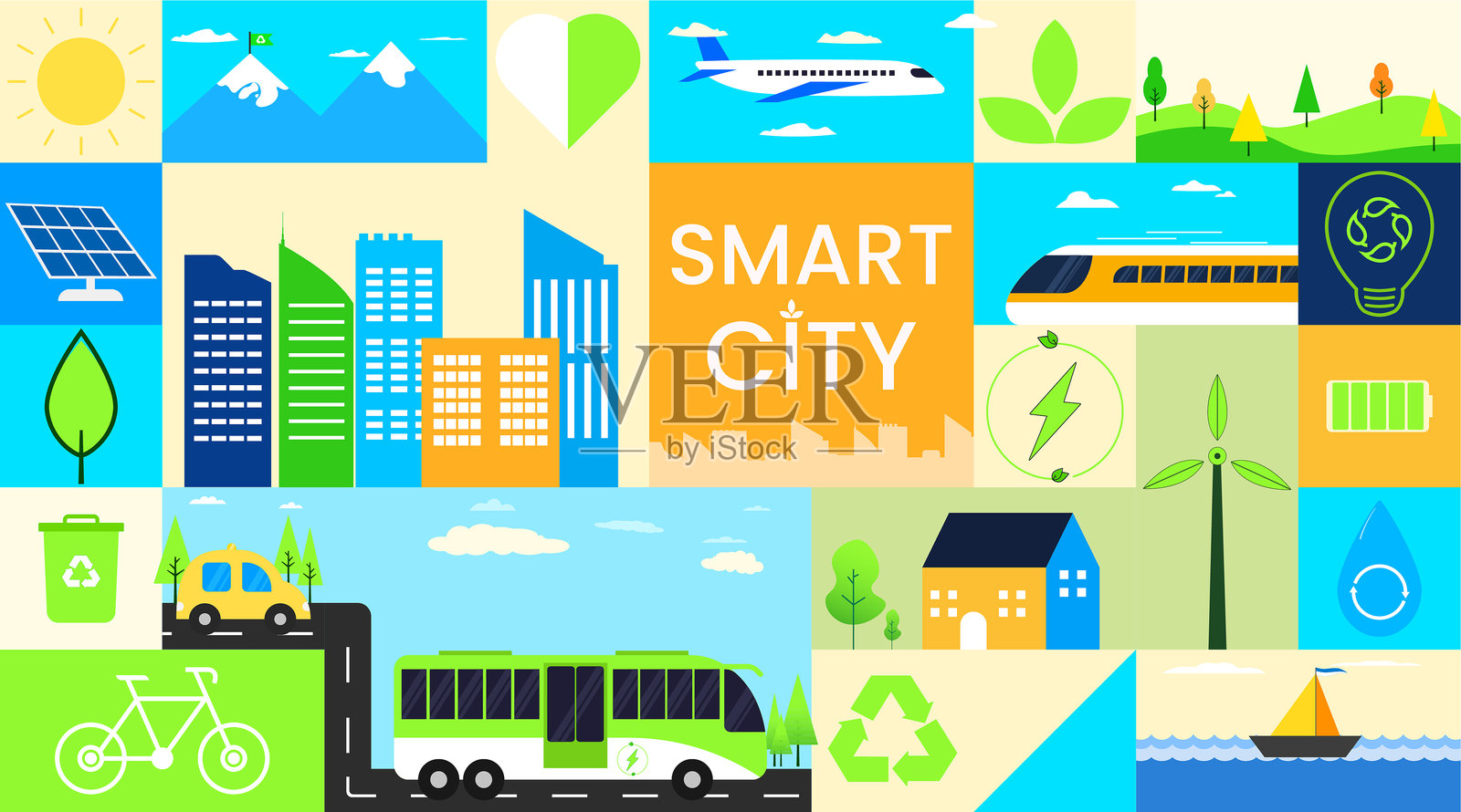 绿色城市环境与环保生活方式。现代风格的几何城市景观插图。插画图片素材