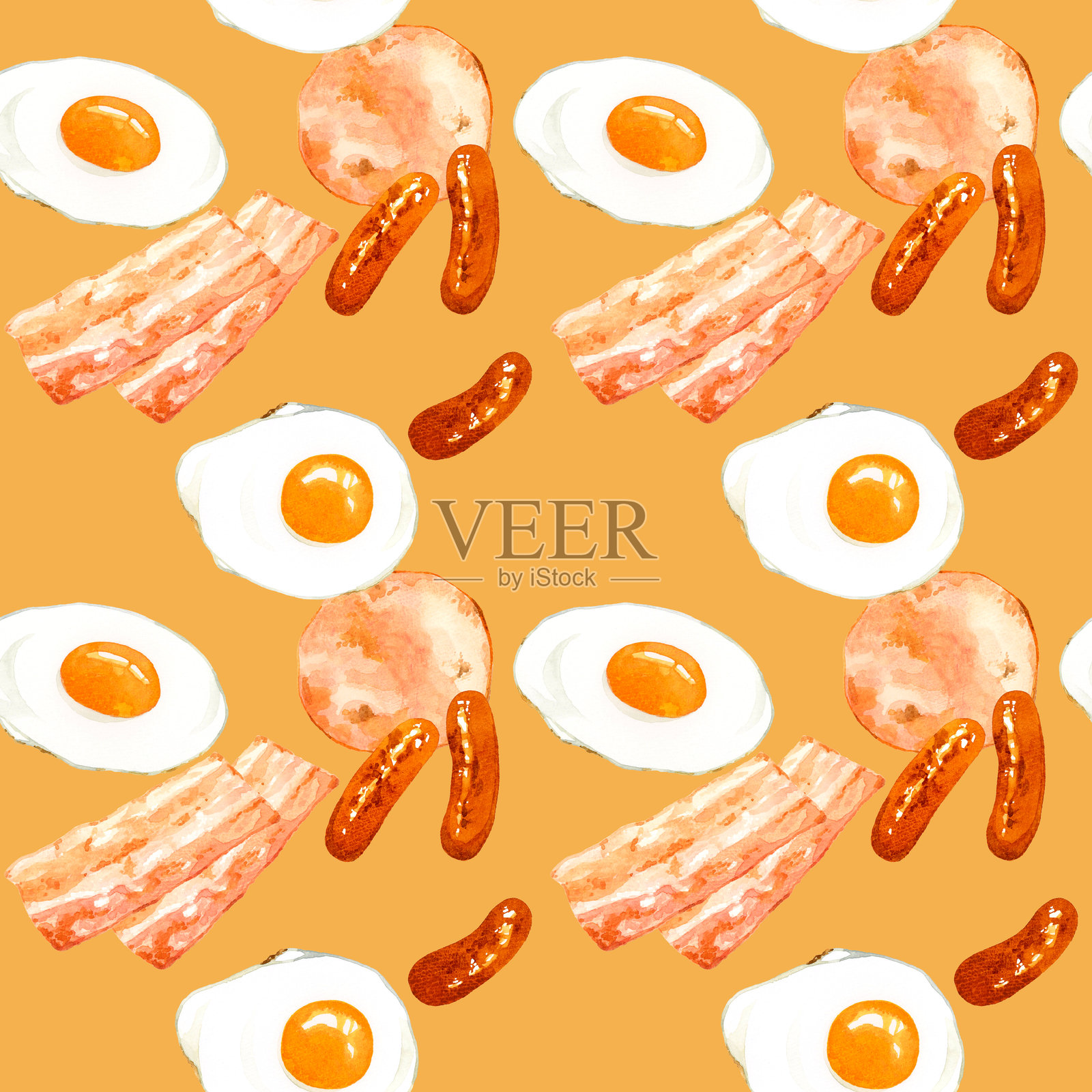 无缝图案的烤制加工肉类和煎蛋。手绘水彩插图素材。插画图片素材