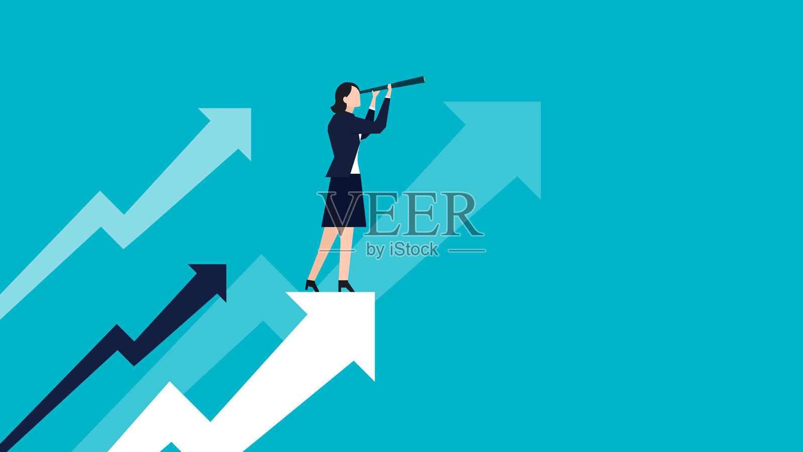 一位女商人使用望远镜展望未来目标（蓝色）插画图片素材
