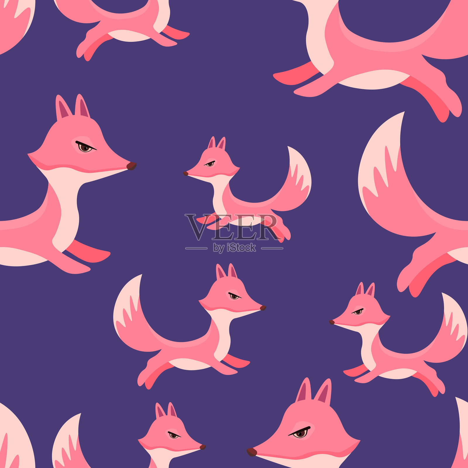 可爱小狐狸的无缝图案，背景色彩丰富。搞笑的森林动物。适合儿童的卡片和明信片。平面矢量插图，适用于面料、纺织品、壁纸、海报和纸张。插画图片素材